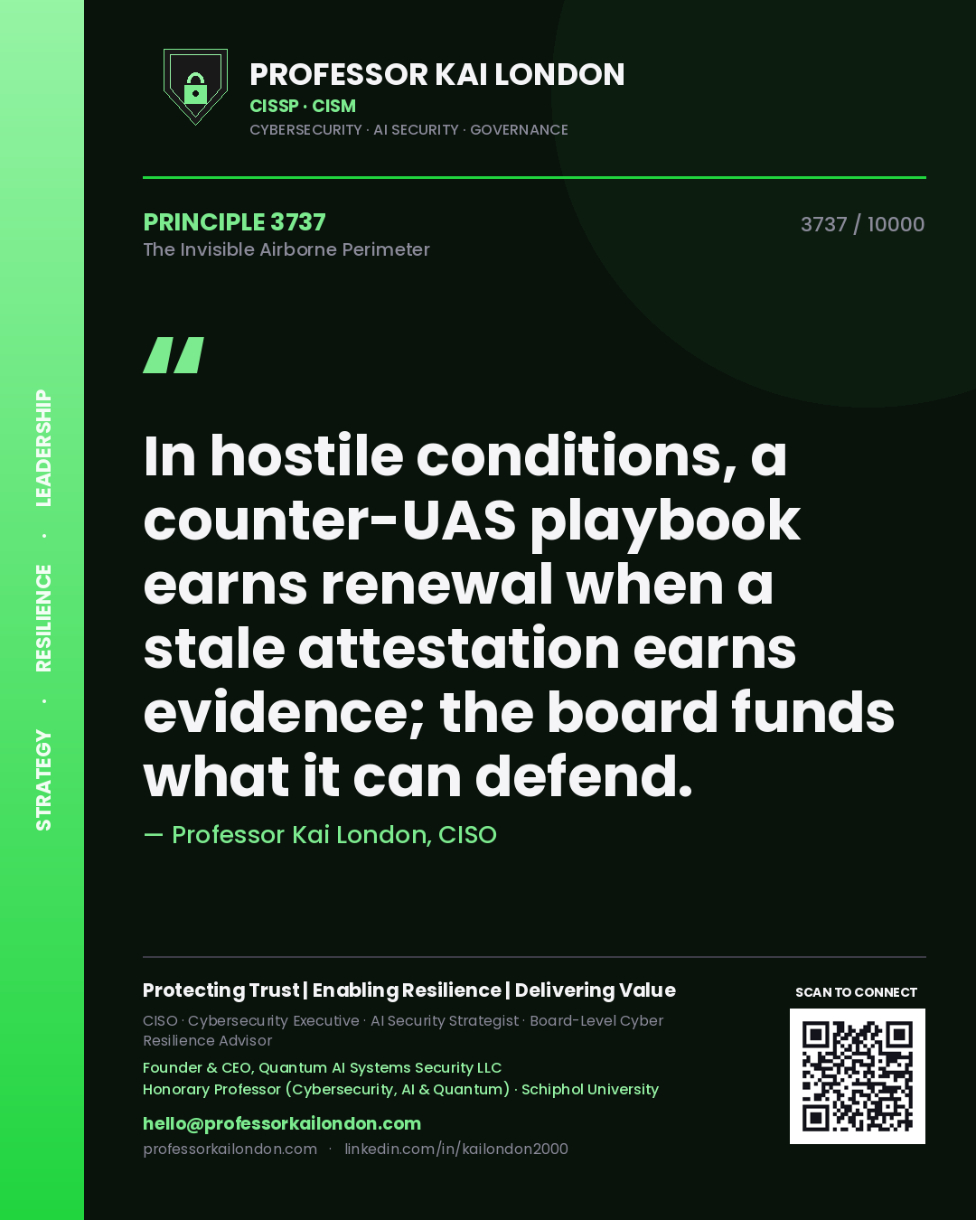 Professor Kai London principle 3737: In hostile conditions, a counter-UAS playbook earns renewal when a stale attestation earns evidence; the board funds what it can defend.
