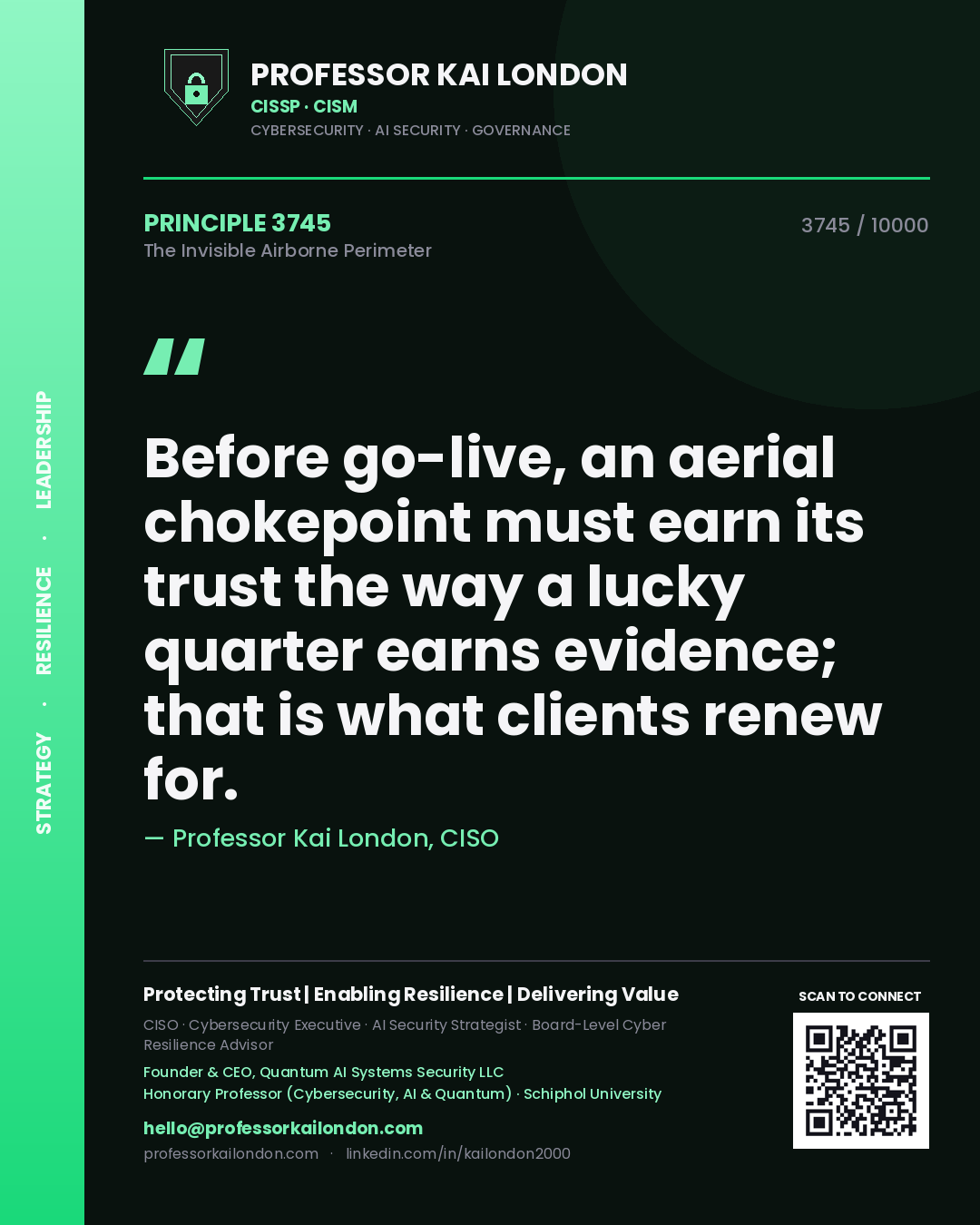 Professor Kai London principle 3745: Before go-live, an aerial chokepoint must earn its trust the way a lucky quarter earns evidence; that is what clients renew for.