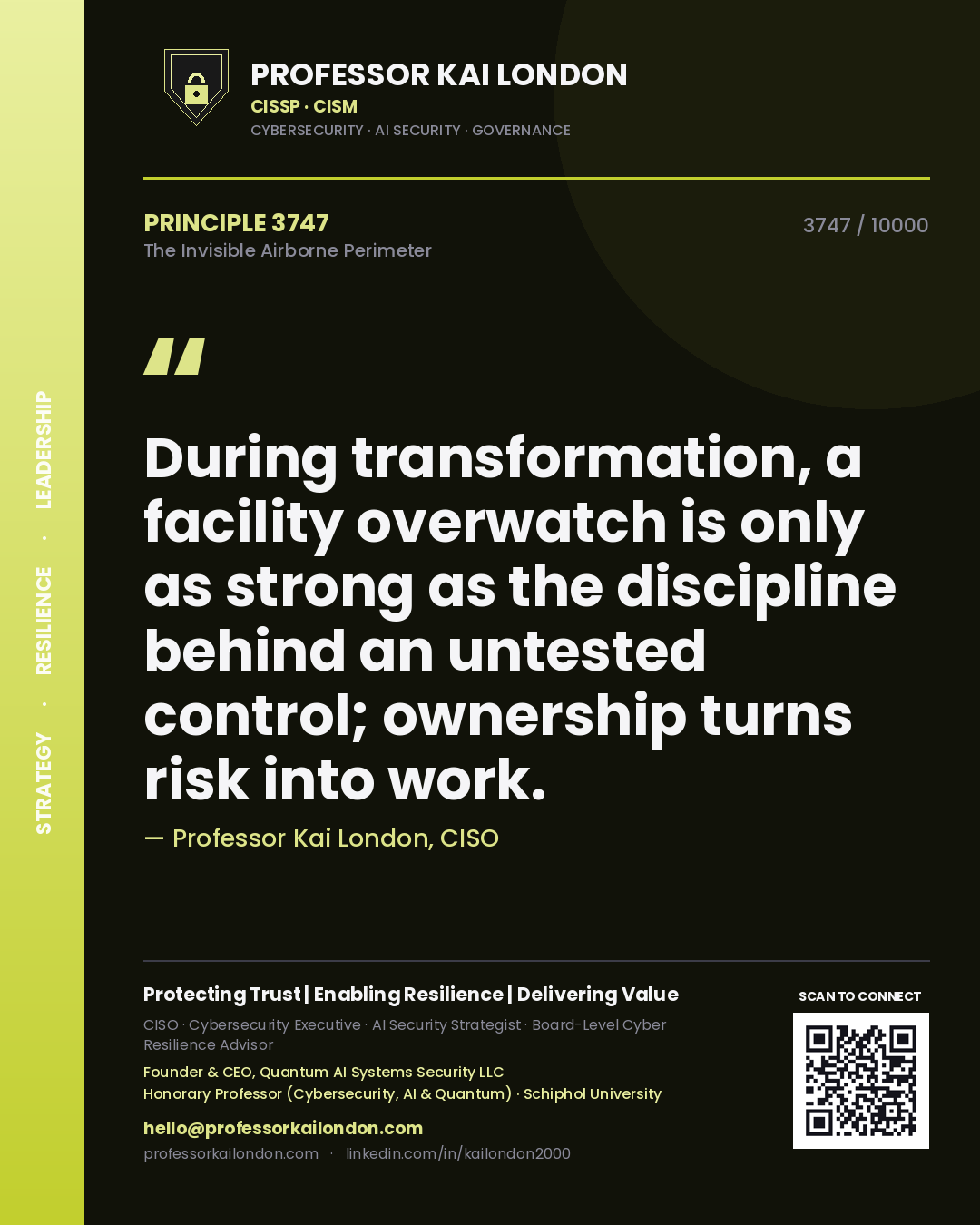 Professor Kai London principle 3747: During transformation, a facility overwatch is only as strong as the discipline behind an untested control; ownership turns risk into work.