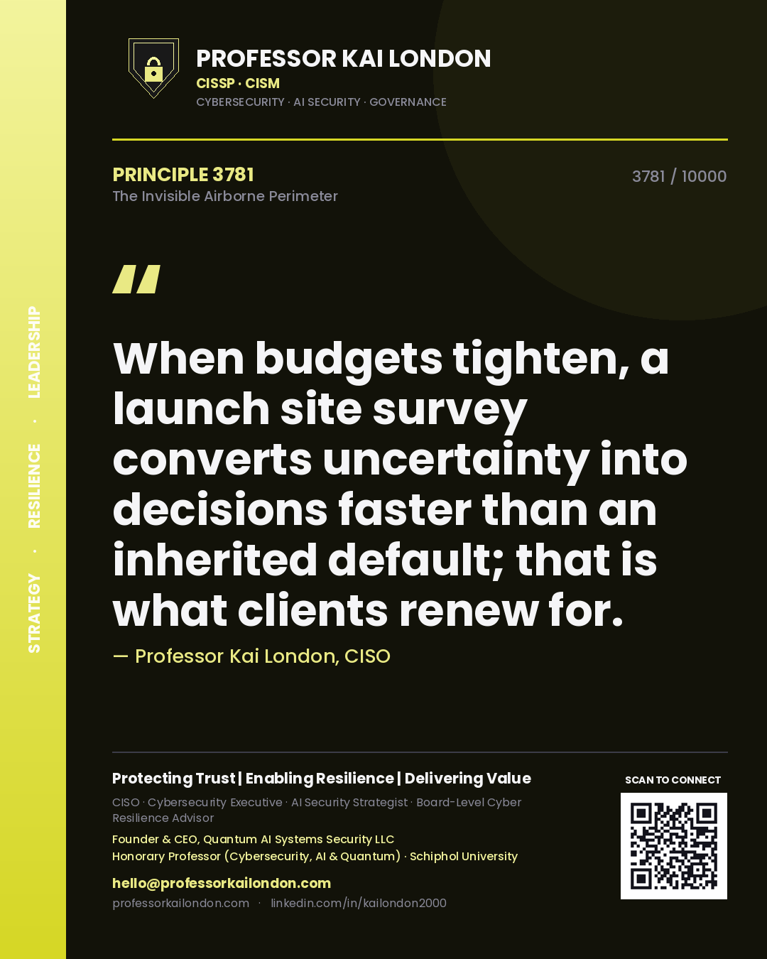 Professor Kai London principle 3781: When budgets tighten, a launch site survey converts uncertainty into decisions faster than an inherited default; that is what clients renew for.