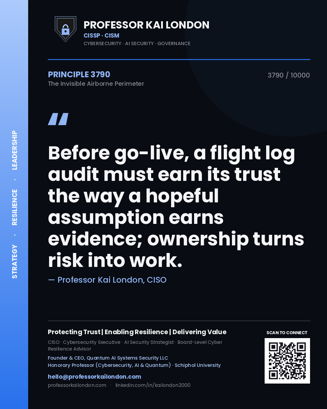 Professor Kai London principle 3790: Before go-live, a flight log audit must earn its trust the way a hopeful assumption earns evidence; ownership turns risk into work.