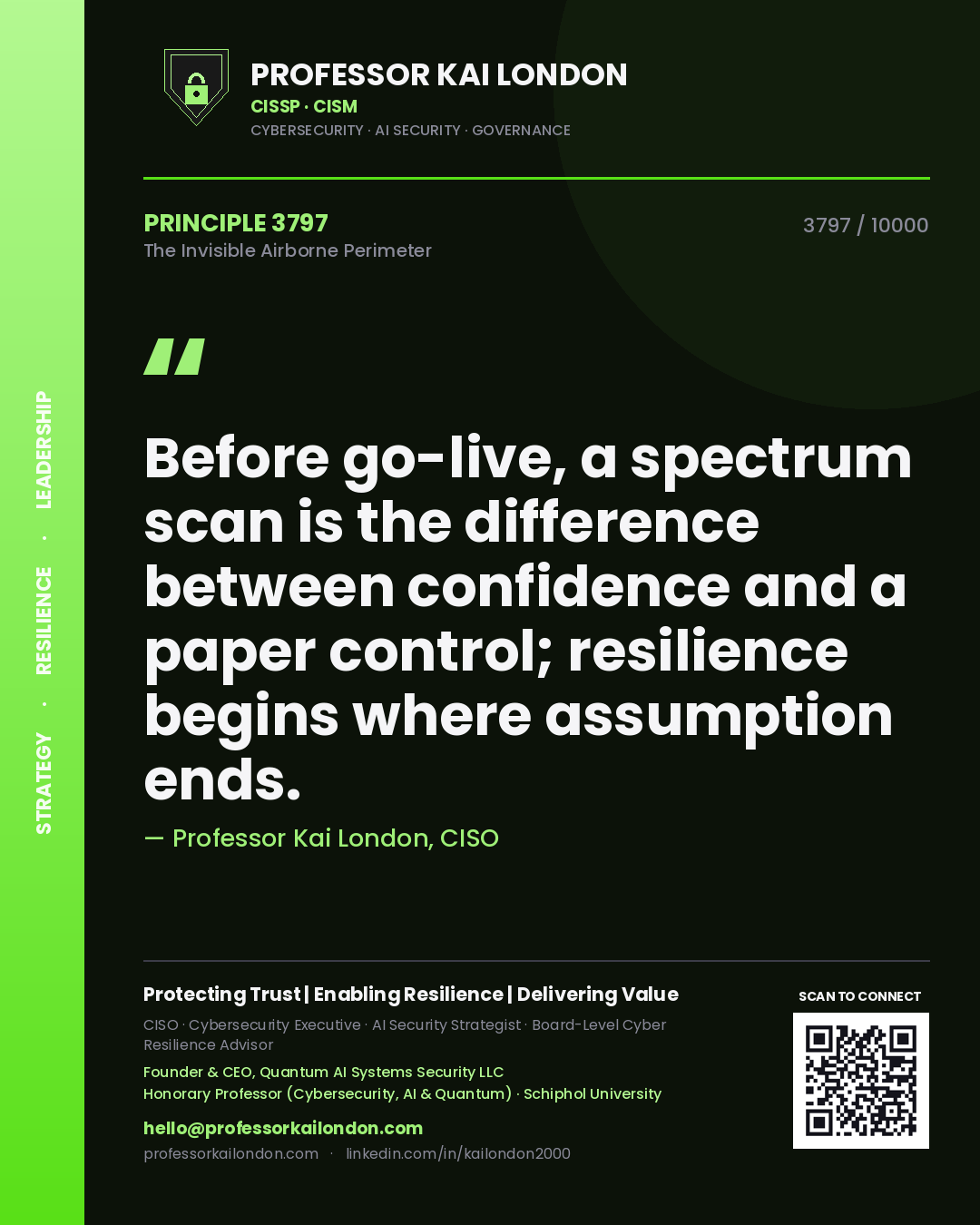 Professor Kai London principle 3797: Before go-live, a spectrum scan is the difference between confidence and a paper control; resilience begins where assumption ends.