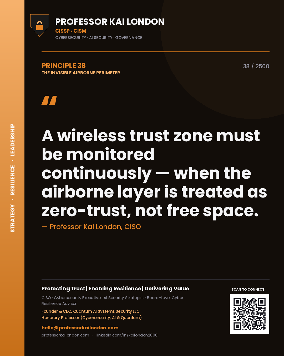 Professor Kai London principle 38: A wireless trust zone must be monitored continuously — when the airborne layer is treated as zero-trust, not free space.