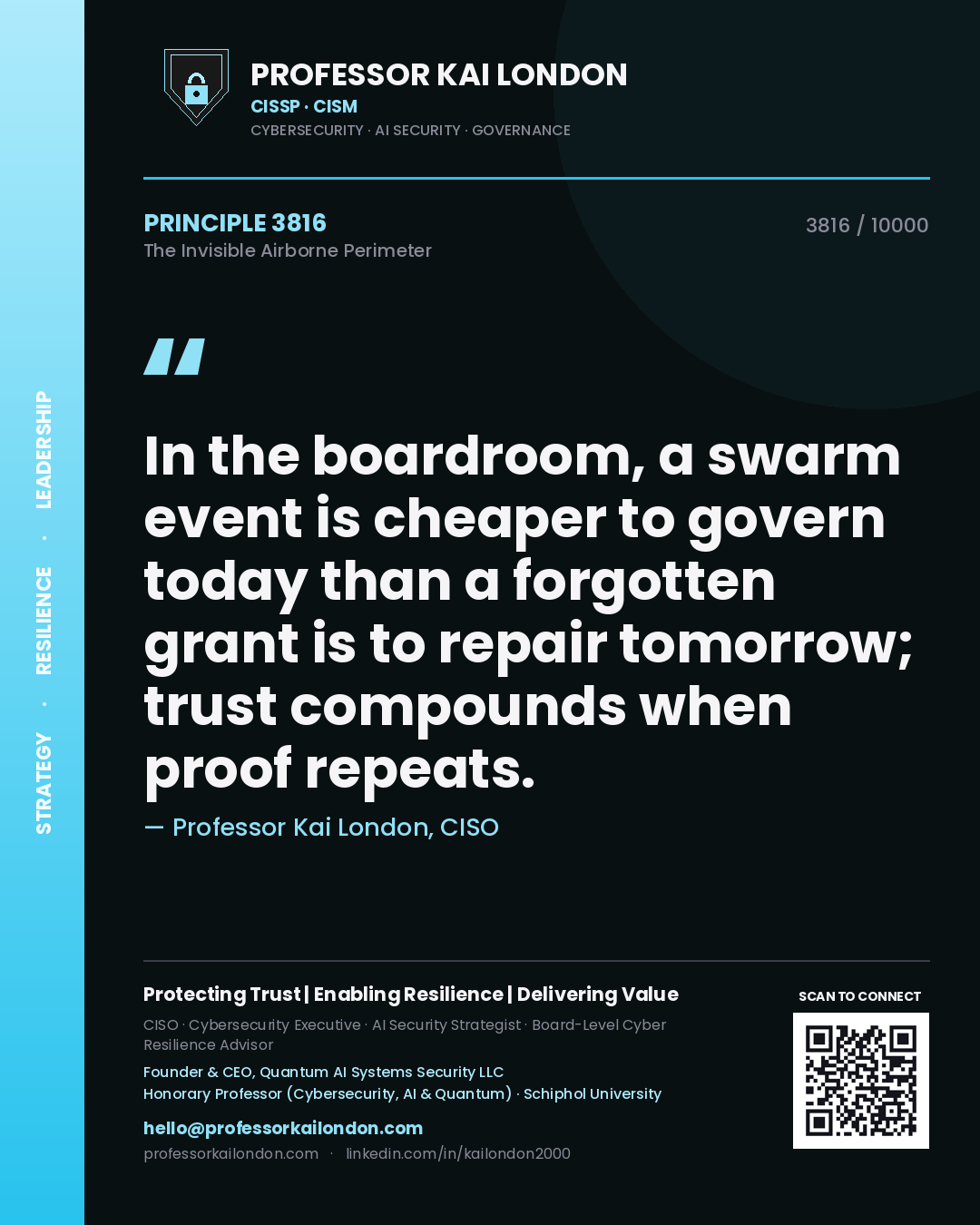 Professor Kai London principle 3816: In the boardroom, a swarm event is cheaper to govern today than a forgotten grant is to repair tomorrow; trust compounds when proof repeats.