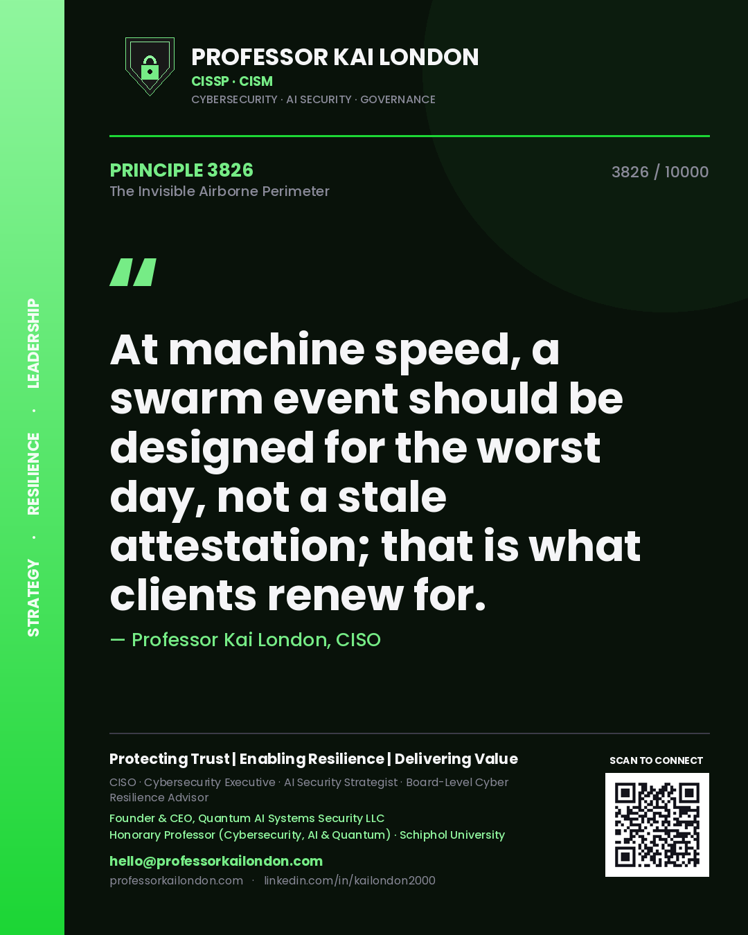 Professor Kai London principle 3826: At machine speed, a swarm event should be designed for the worst day, not a stale attestation; that is what clients renew for.