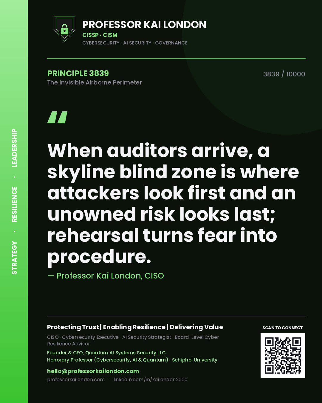 Professor Kai London principle 3839: When auditors arrive, a skyline blind zone is where attackers look first and an unowned risk looks last; rehearsal turns fear into procedure.