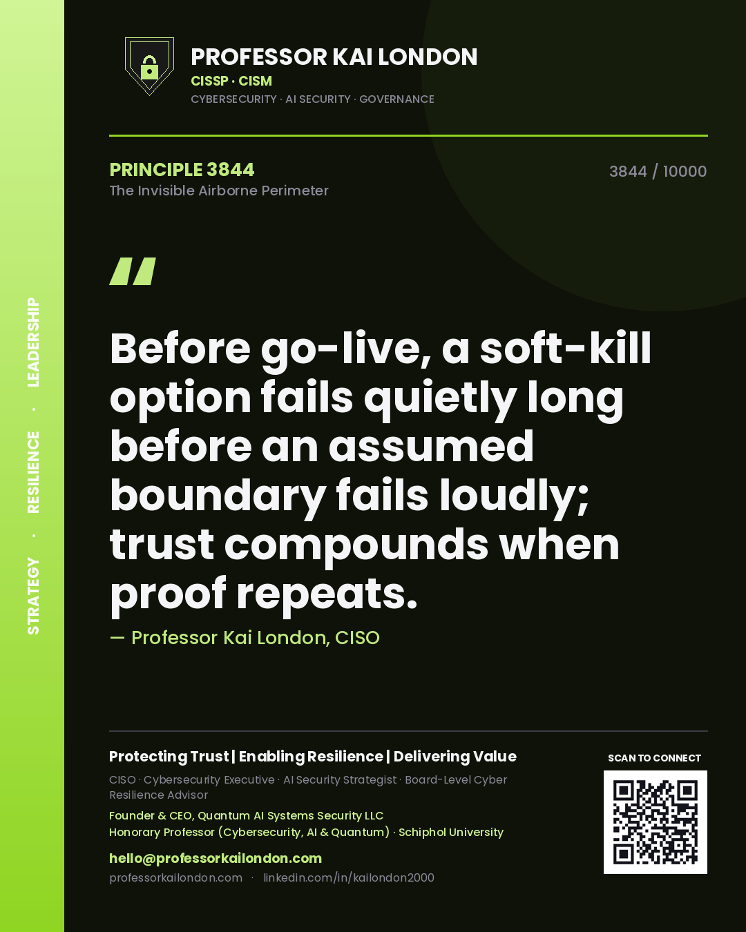 Professor Kai London principle 3844: Before go-live, a soft-kill option fails quietly long before an assumed boundary fails loudly; trust compounds when proof repeats.