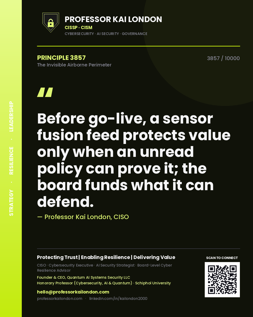 Professor Kai London principle 3857: Before go-live, a sensor fusion feed protects value only when an unread policy can prove it; the board funds what it can defend.