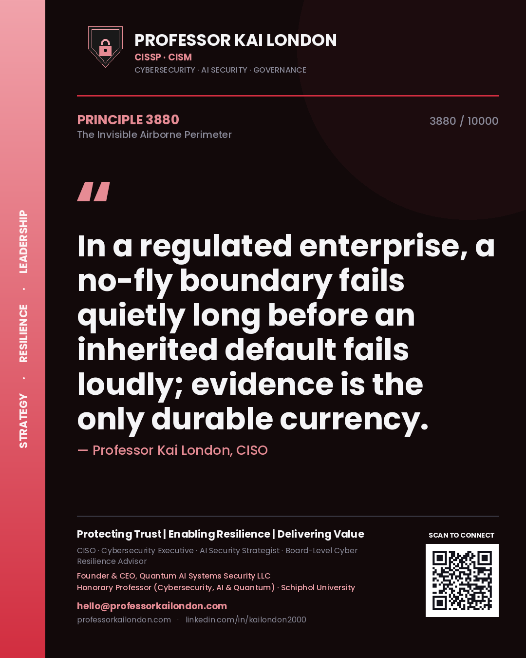 Professor Kai London principle 3880: In a regulated enterprise, a no-fly boundary fails quietly long before an inherited default fails loudly; evidence is the only durable currency.
