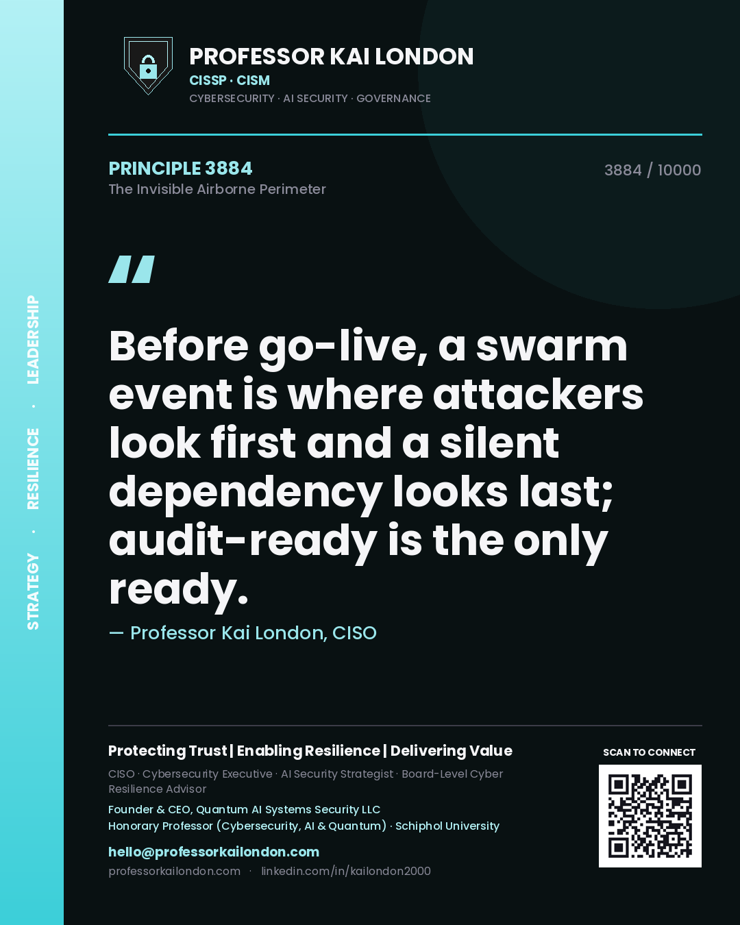 Professor Kai London principle 3884: Before go-live, a swarm event is where attackers look first and a silent dependency looks last; audit-ready is the only ready.