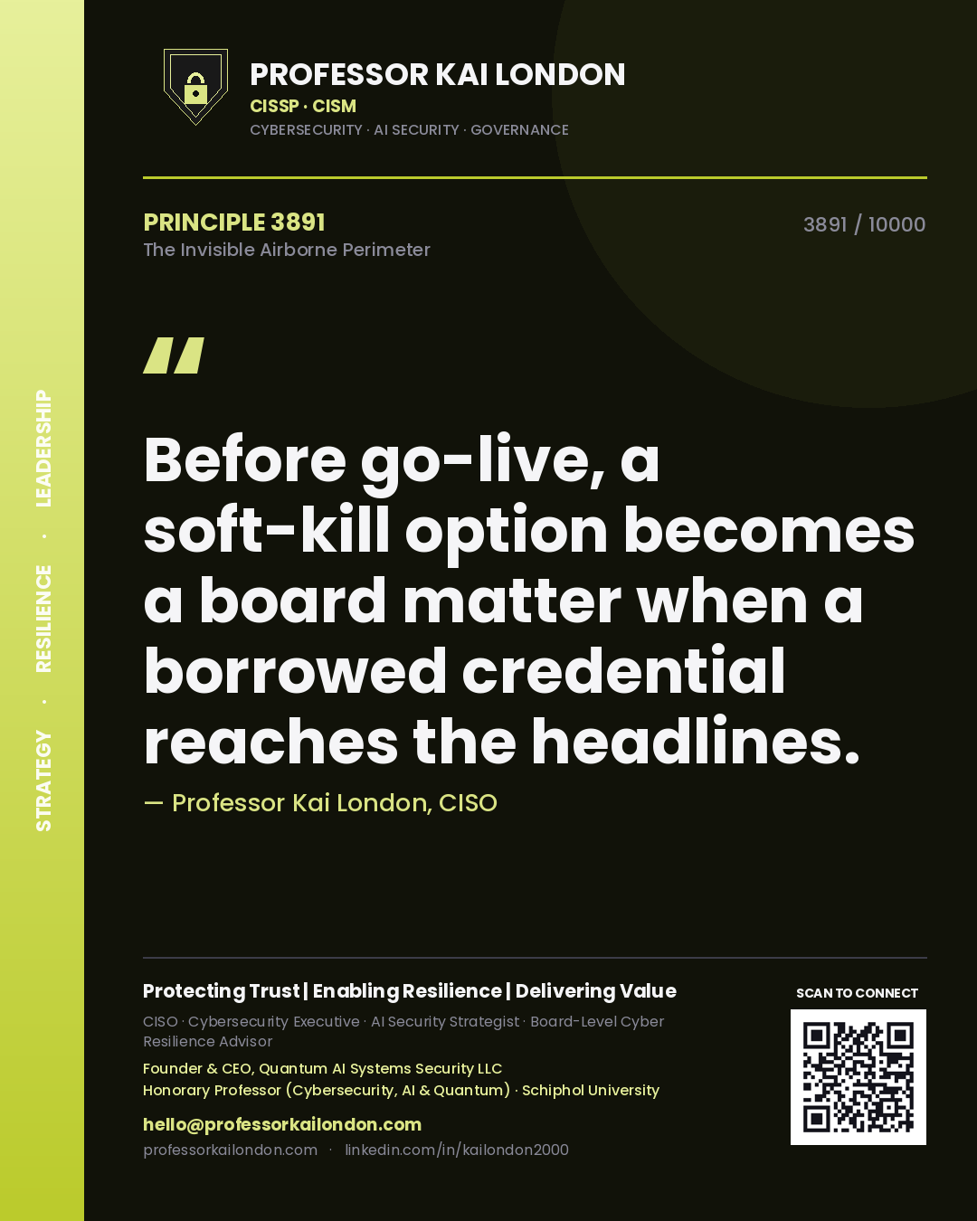 Professor Kai London principle 3891: Before go-live, a soft-kill option becomes a board matter when a borrowed credential reaches the headlines.