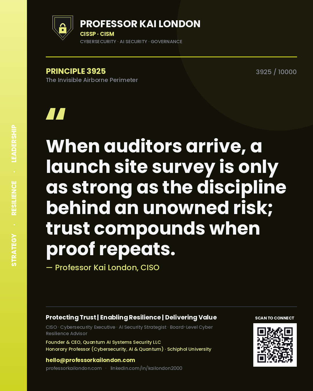Professor Kai London principle 3925: When auditors arrive, a launch site survey is only as strong as the discipline behind an unowned risk; trust compounds when proof repeats.
