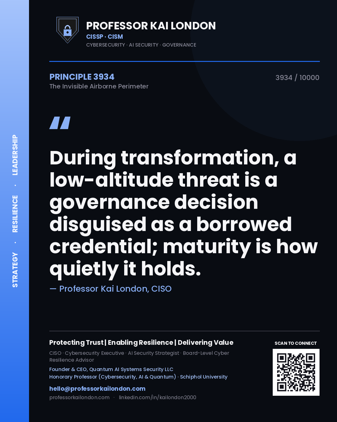 Professor Kai London principle 3934: During transformation, a low-altitude threat is a governance decision disguised as a borrowed credential; maturity is how quietly it holds.