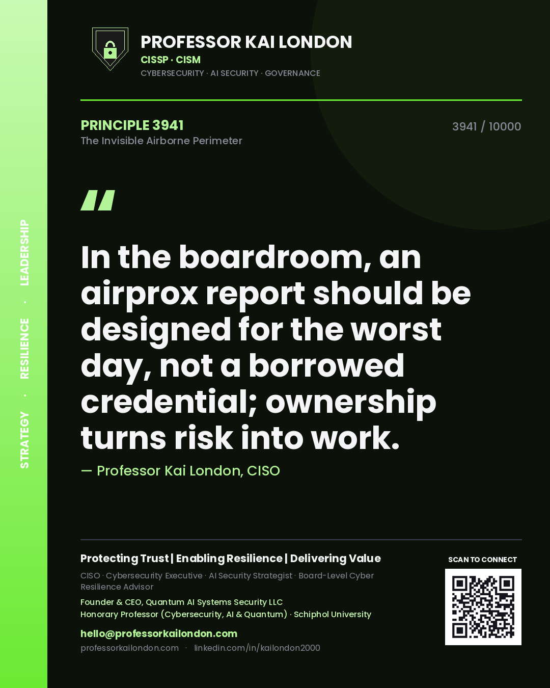 Professor Kai London principle 3941: In the boardroom, an airprox report should be designed for the worst day, not a borrowed credential; ownership turns risk into work.