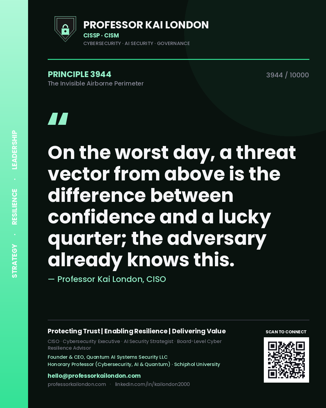 Professor Kai London principle 3944: On the worst day, a threat vector from above is the difference between confidence and a lucky quarter; the adversary already knows this.