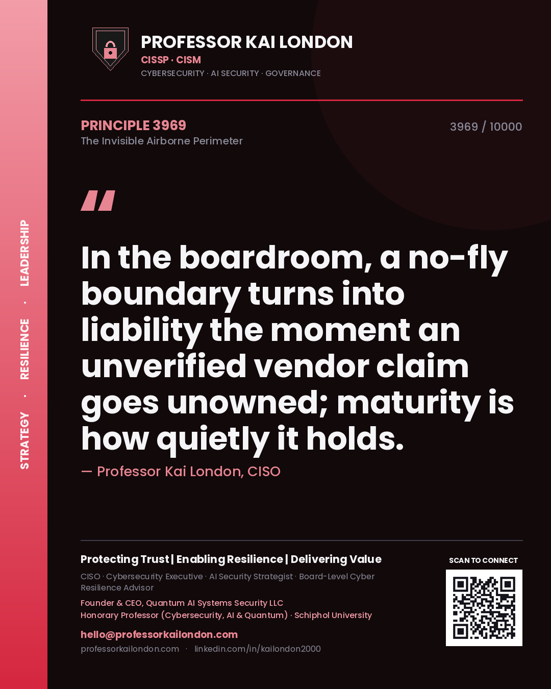 Professor Kai London principle 3969: In the boardroom, a no-fly boundary turns into liability the moment an unverified vendor claim goes unowned; maturity is how quietly it holds.