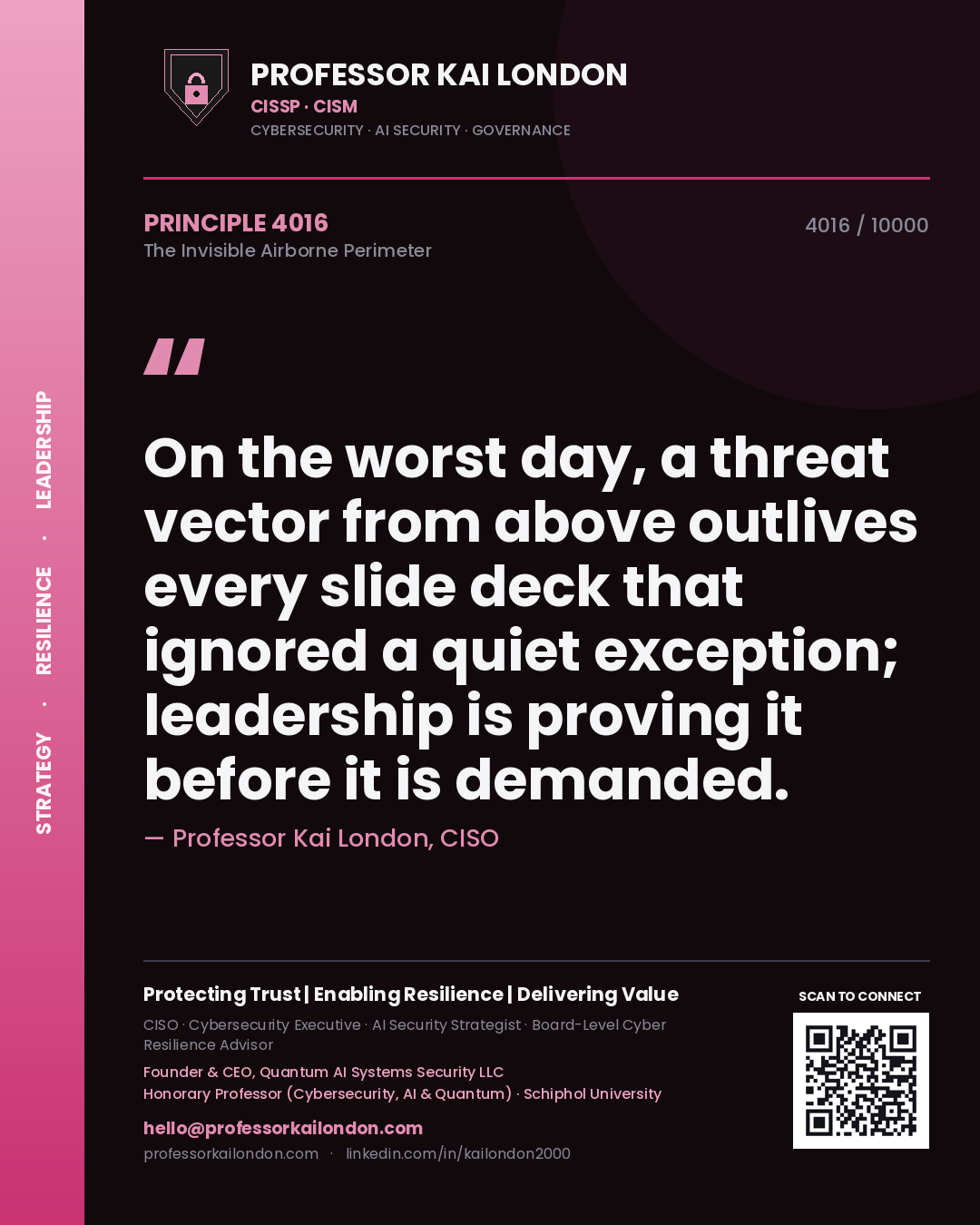 Professor Kai London principle 4016: On the worst day, a threat vector from above outlives every slide deck that ignored a quiet exception; leadership is proving it before it is demanded.