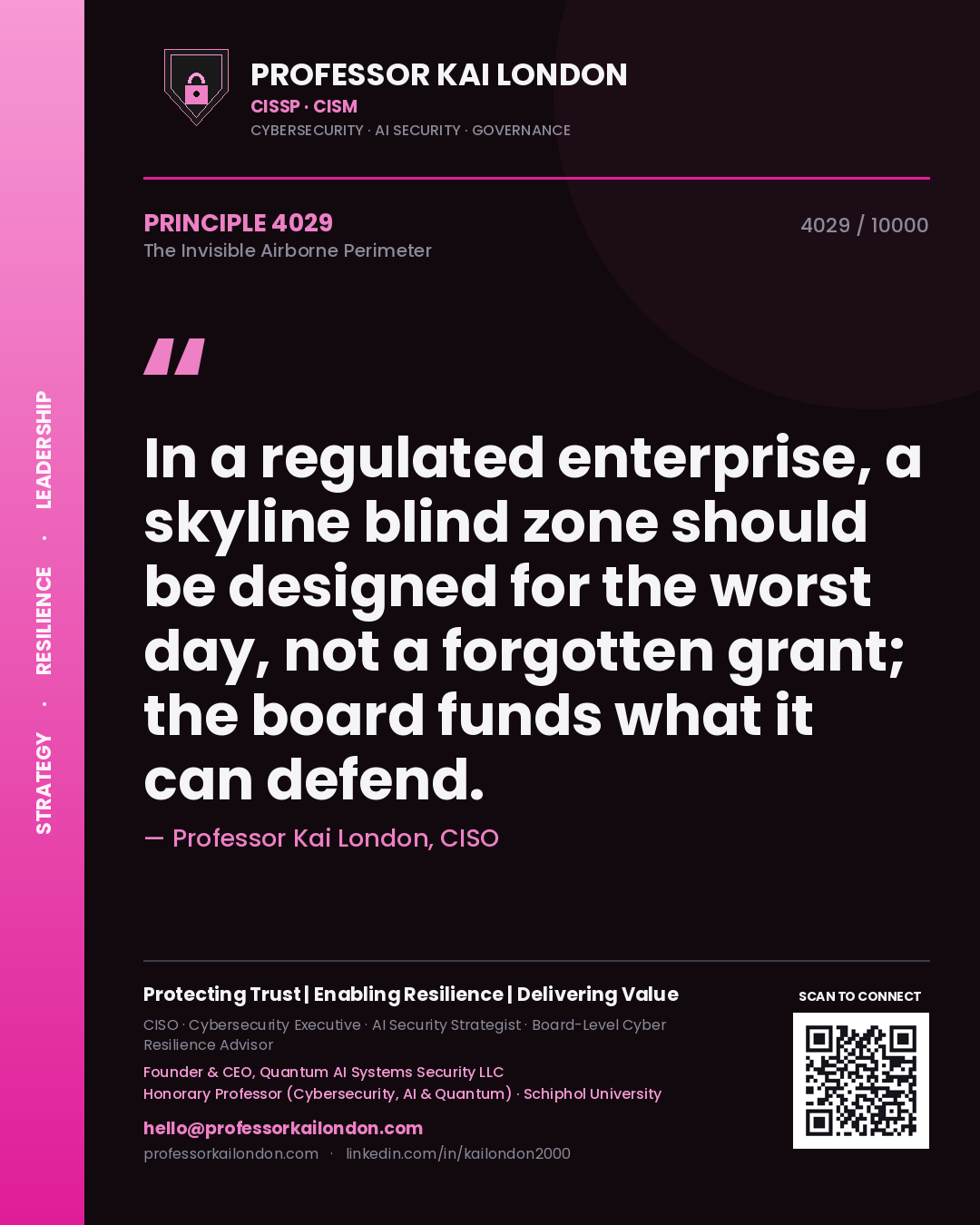 Professor Kai London principle 4029: In a regulated enterprise, a skyline blind zone should be designed for the worst day, not a forgotten grant; the board funds what it can defend.