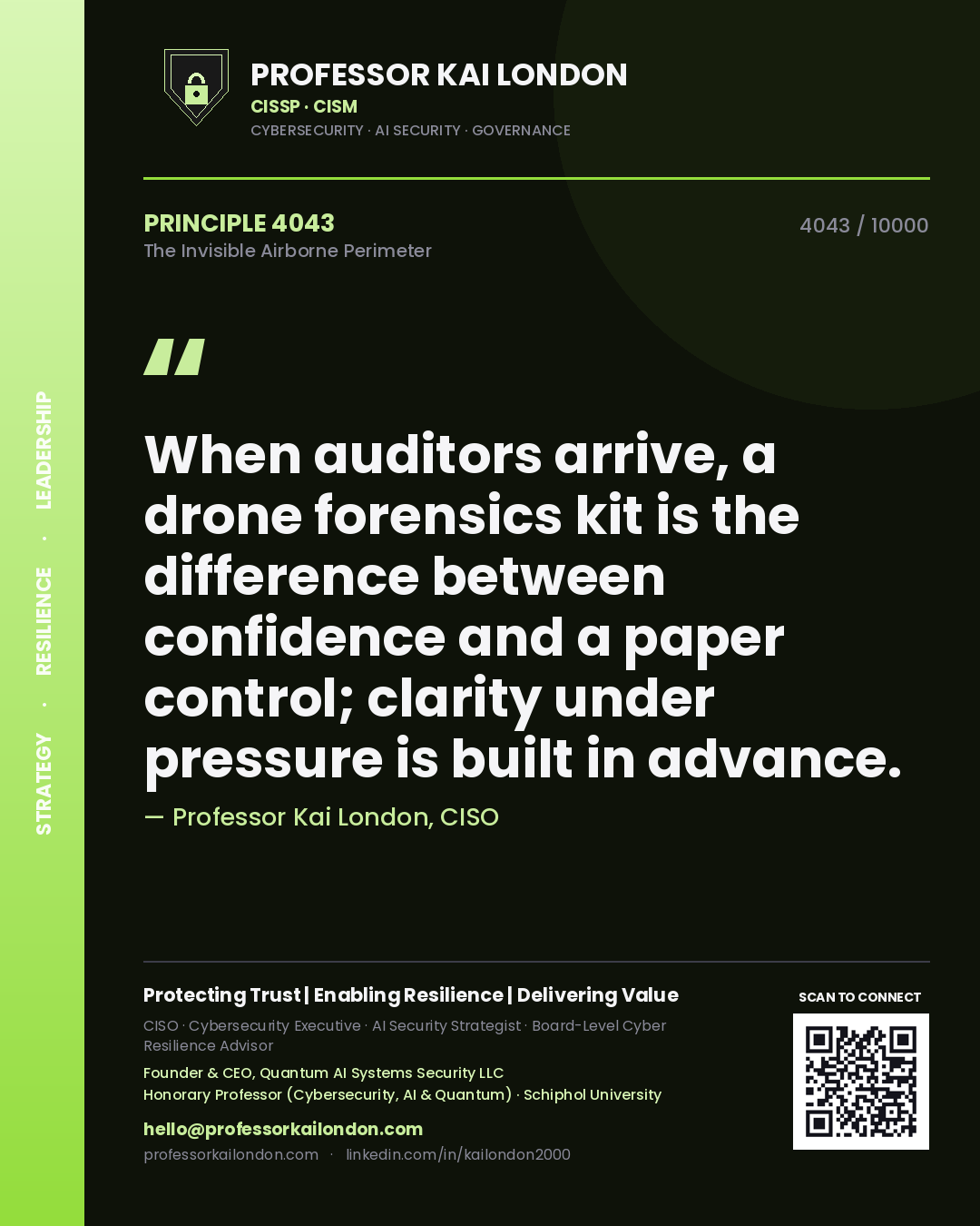 Professor Kai London principle 4043: When auditors arrive, a drone forensics kit is the difference between confidence and a paper control; clarity under pressure is built in advance.