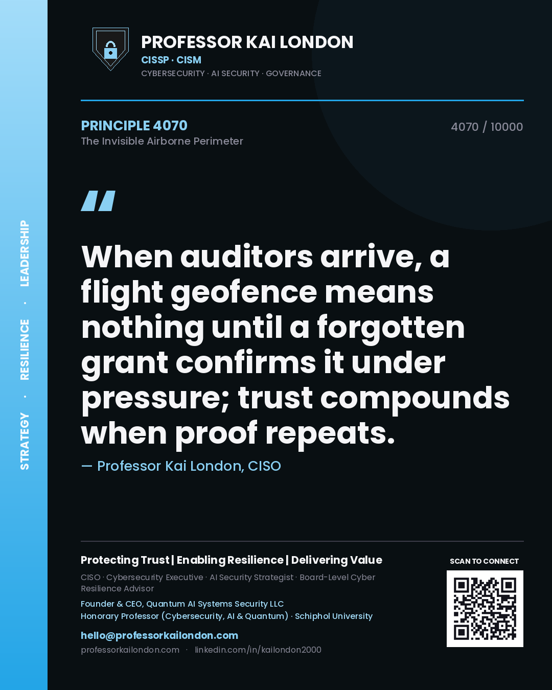 Professor Kai London principle 4070: When auditors arrive, a flight geofence means nothing until a forgotten grant confirms it under pressure; trust compounds when proof repeats.