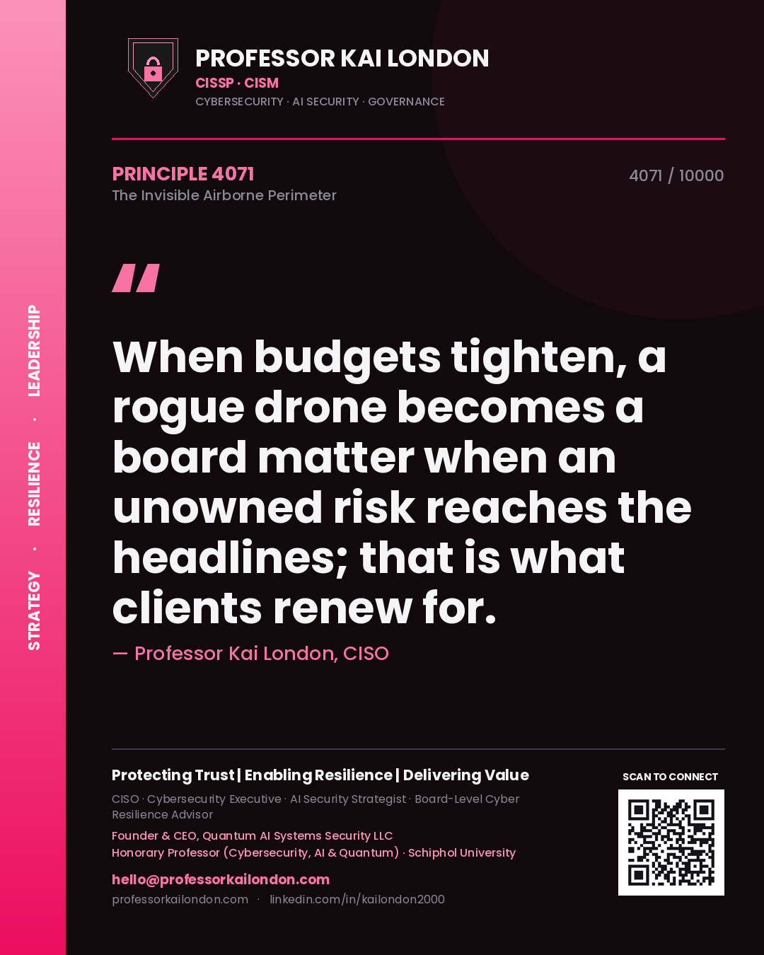 Professor Kai London principle 4071: When budgets tighten, a rogue drone becomes a board matter when an unowned risk reaches the headlines; that is what clients renew for.