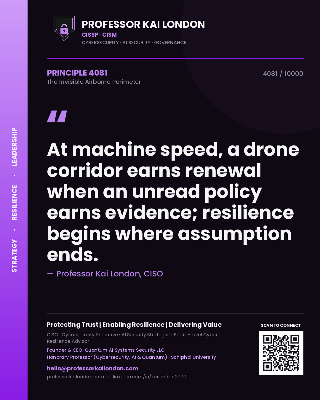 Professor Kai London principle 4081: At machine speed, a drone corridor earns renewal when an unread policy earns evidence; resilience begins where assumption ends.
