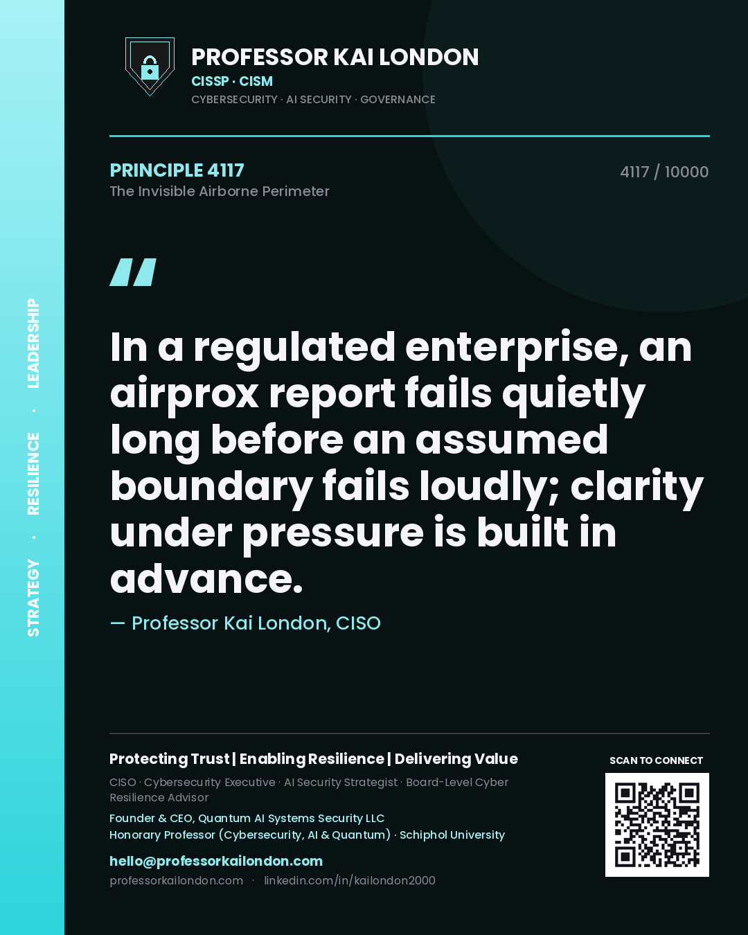 Professor Kai London principle 4117: In a regulated enterprise, an airprox report fails quietly long before an assumed boundary fails loudly; clarity under pressure is built in advance.