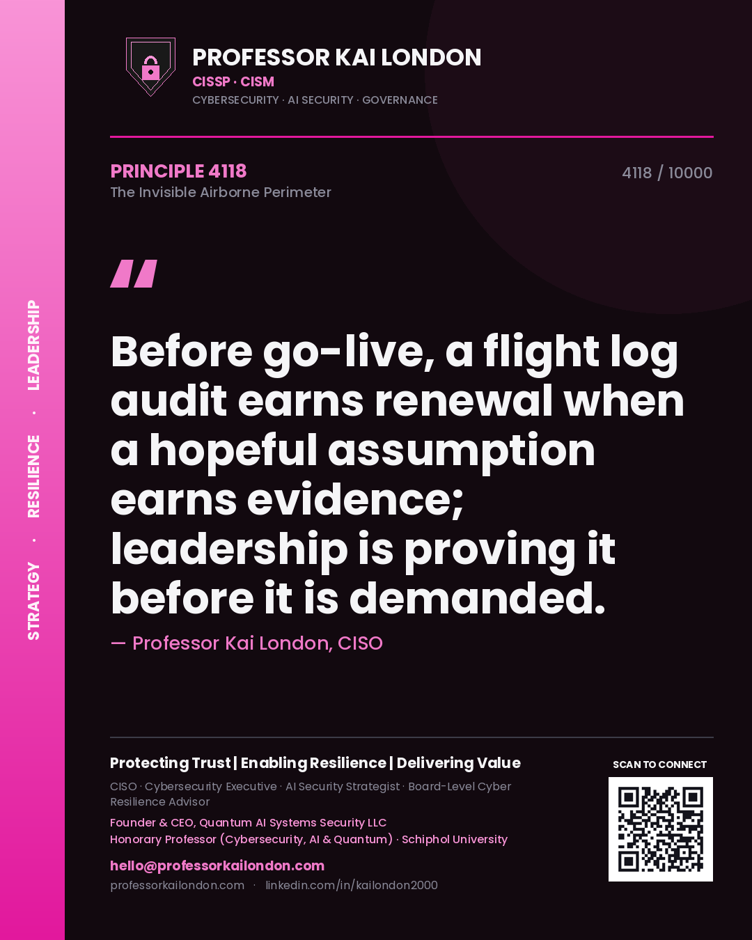 Professor Kai London principle 4118: Before go-live, a flight log audit earns renewal when a hopeful assumption earns evidence; leadership is proving it before it is demanded.