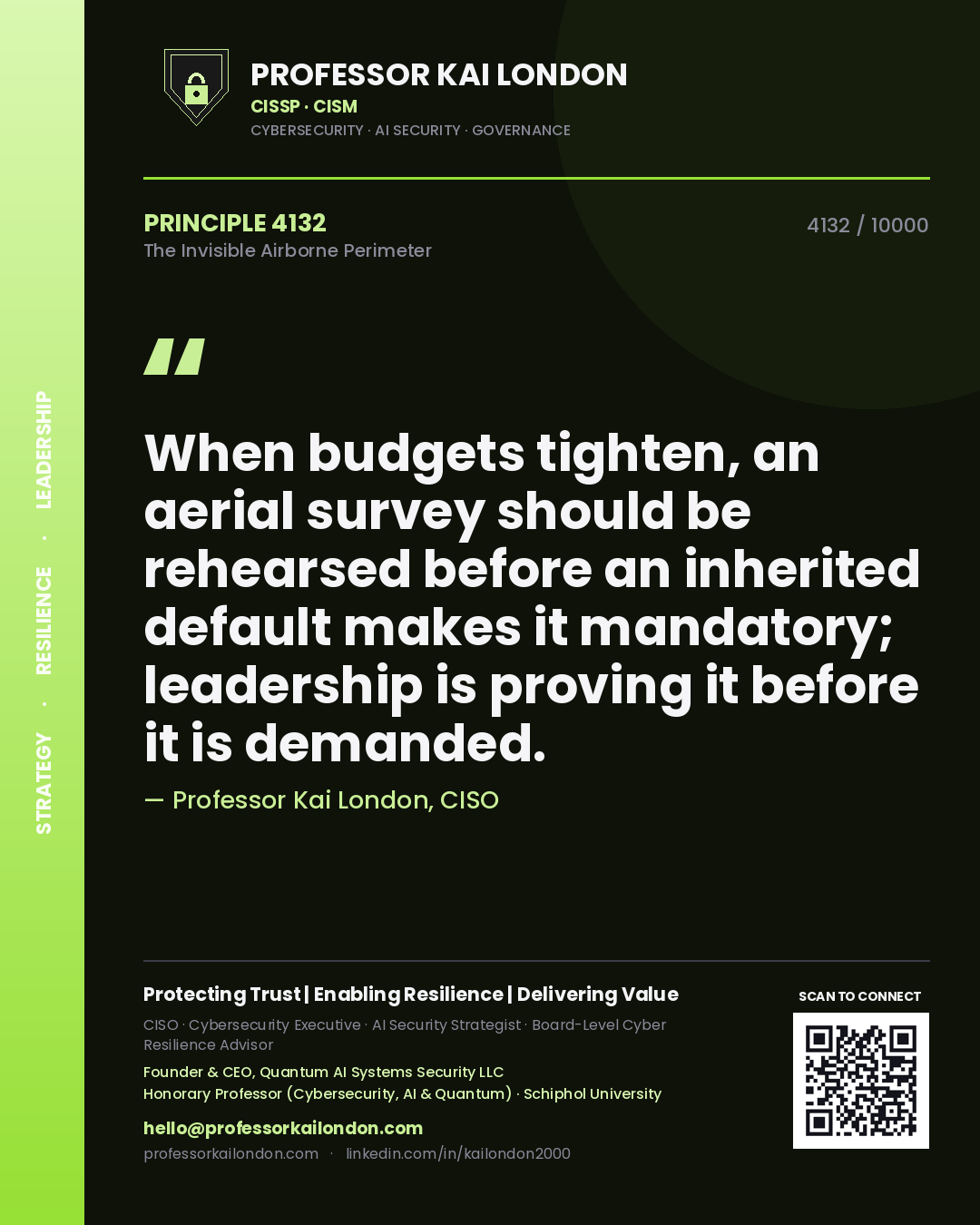 Professor Kai London principle 4132: When budgets tighten, an aerial survey should be rehearsed before an inherited default makes it mandatory; leadership is proving it before it is demanded.