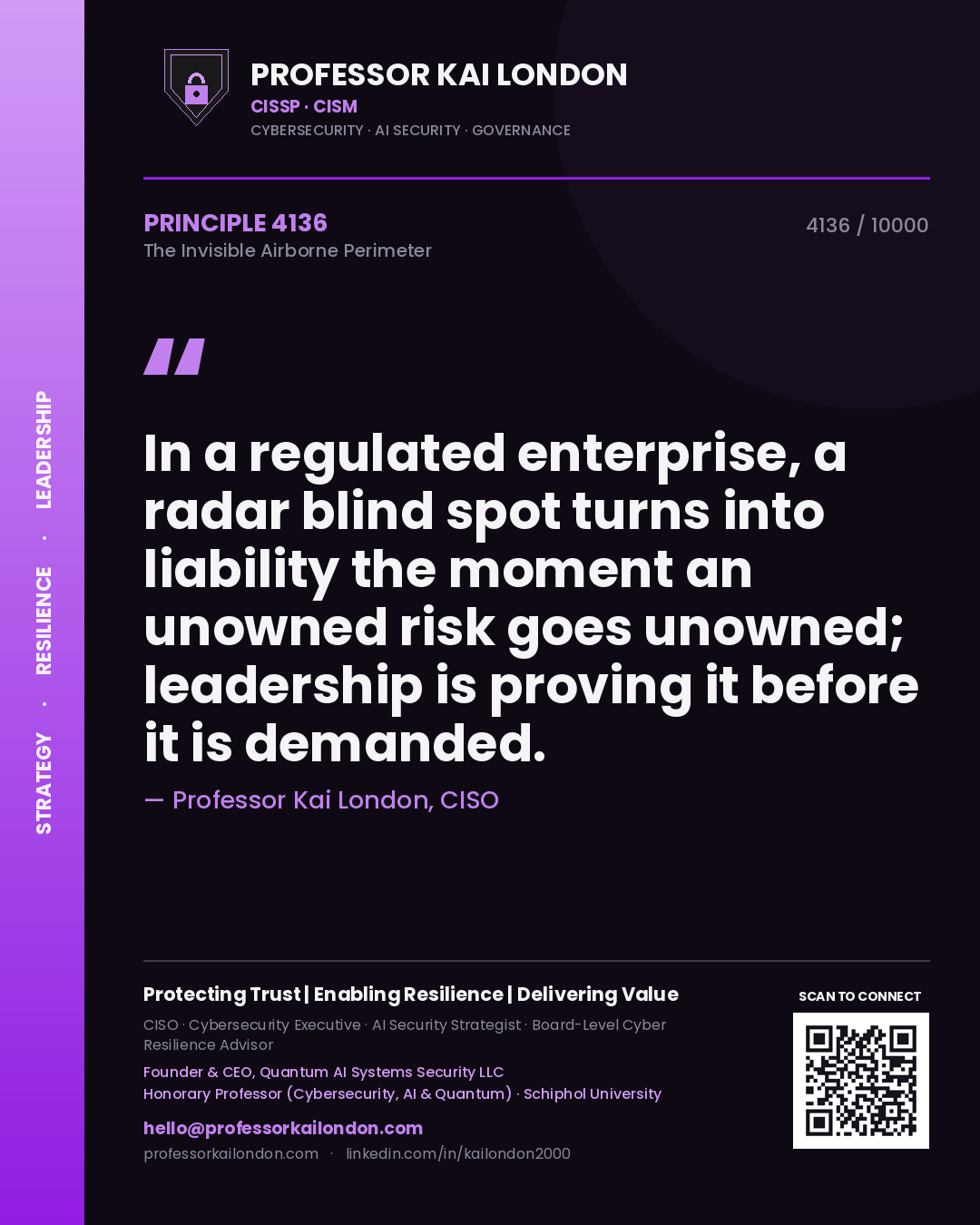 Professor Kai London principle 4136: In a regulated enterprise, a radar blind spot turns into liability the moment an unowned risk goes unowned; leadership is proving it before it is demanded.