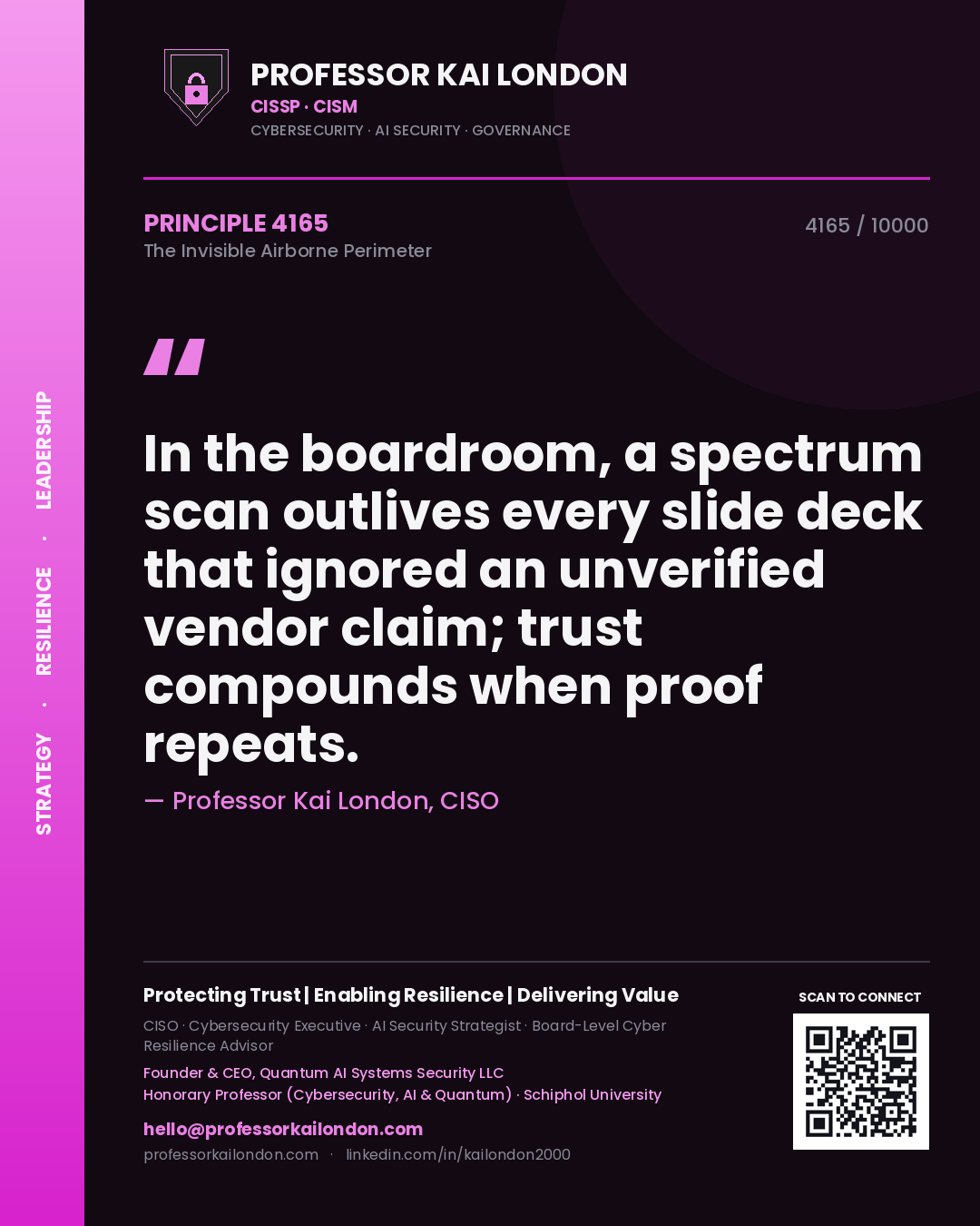 Professor Kai London principle 4165: In the boardroom, a spectrum scan outlives every slide deck that ignored an unverified vendor claim; trust compounds when proof repeats.