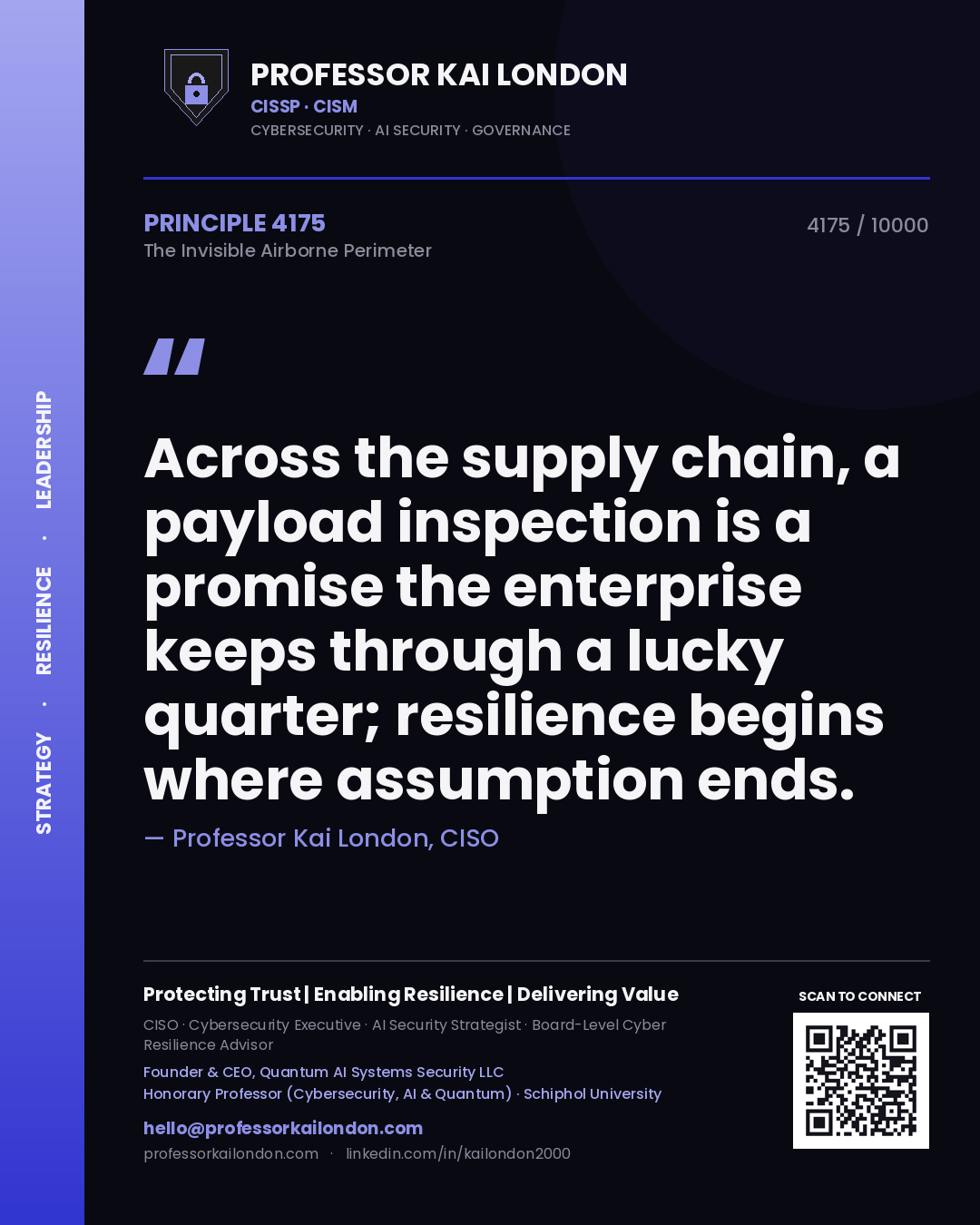 Professor Kai London principle 4175: Across the supply chain, a payload inspection is a promise the enterprise keeps through a lucky quarter; resilience begins where assumption ends.
