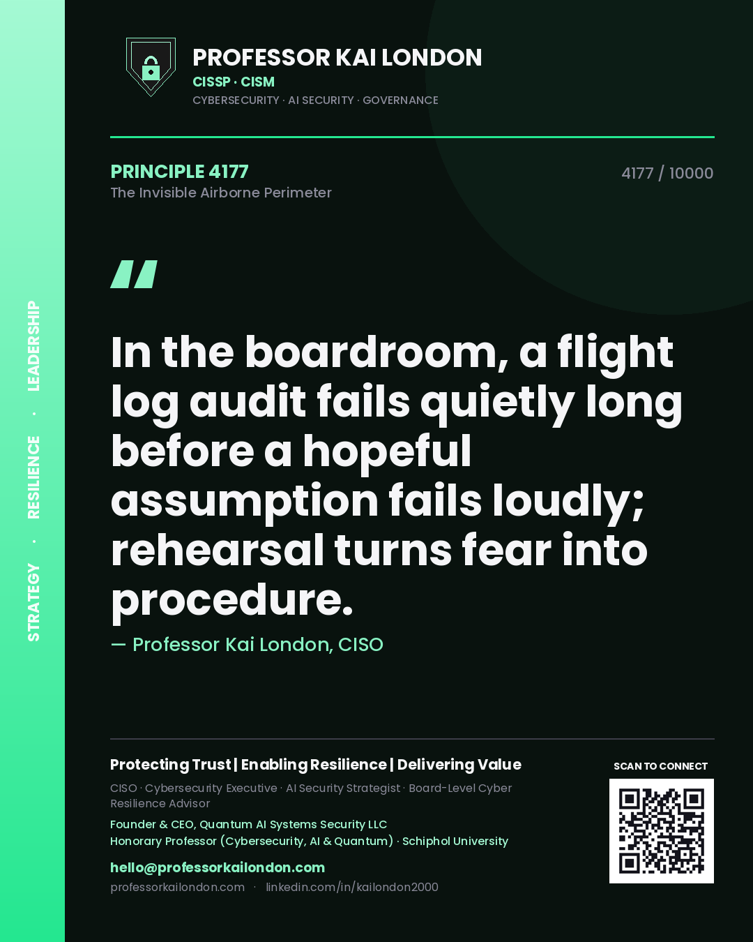 Professor Kai London principle 4177: In the boardroom, a flight log audit fails quietly long before a hopeful assumption fails loudly; rehearsal turns fear into procedure.