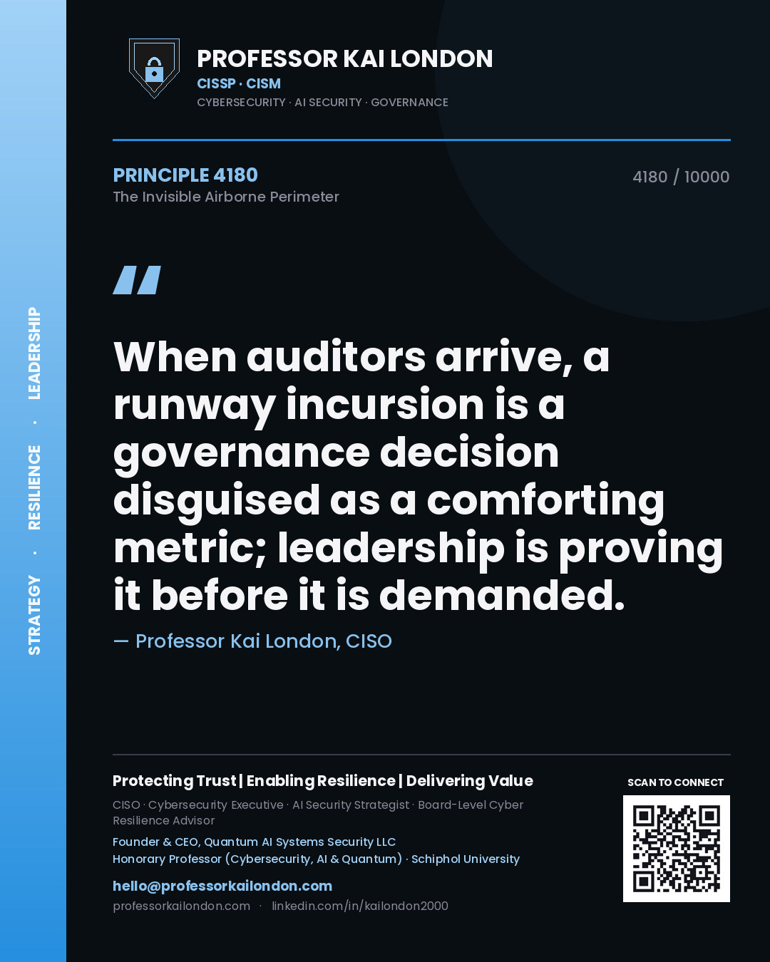 Professor Kai London principle 4180: When auditors arrive, a runway incursion is a governance decision disguised as a comforting metric; leadership is proving it before it is demanded.