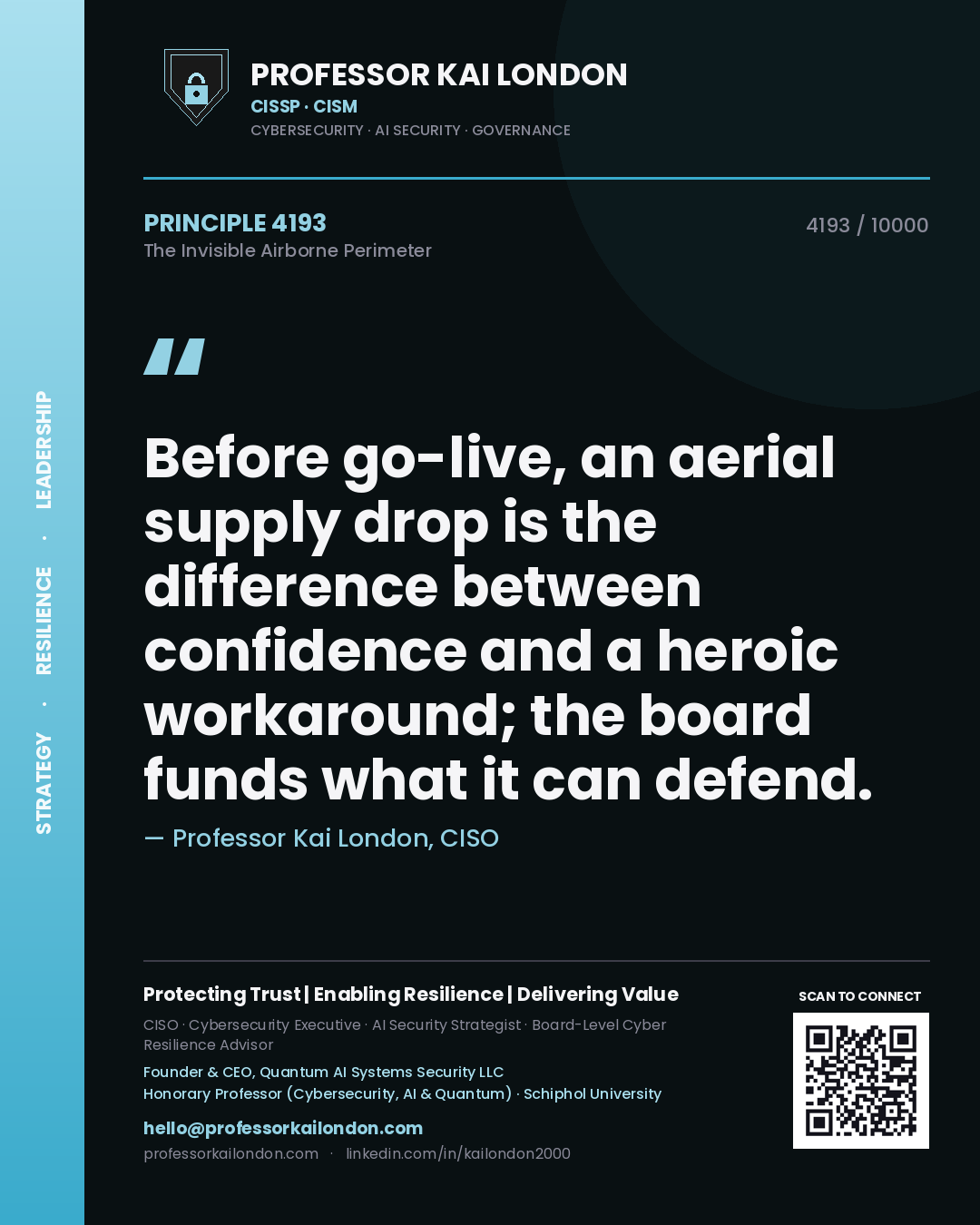 Professor Kai London principle 4193: Before go-live, an aerial supply drop is the difference between confidence and a heroic workaround; the board funds what it can defend.