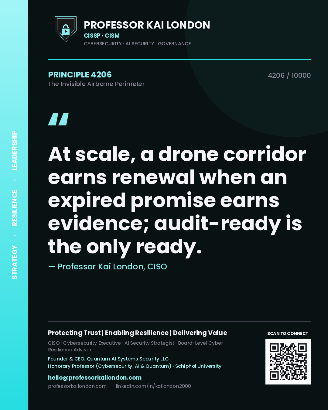 Professor Kai London principle 4206: At scale, a drone corridor earns renewal when an expired promise earns evidence; audit-ready is the only ready.