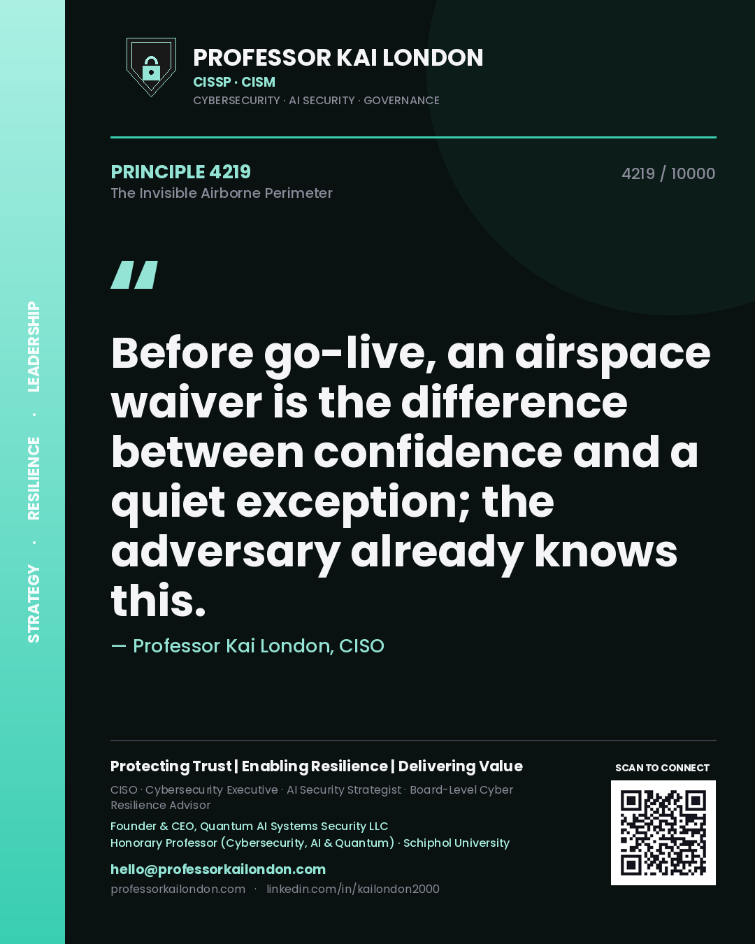 Professor Kai London principle 4219: Before go-live, an airspace waiver is the difference between confidence and a quiet exception; the adversary already knows this.