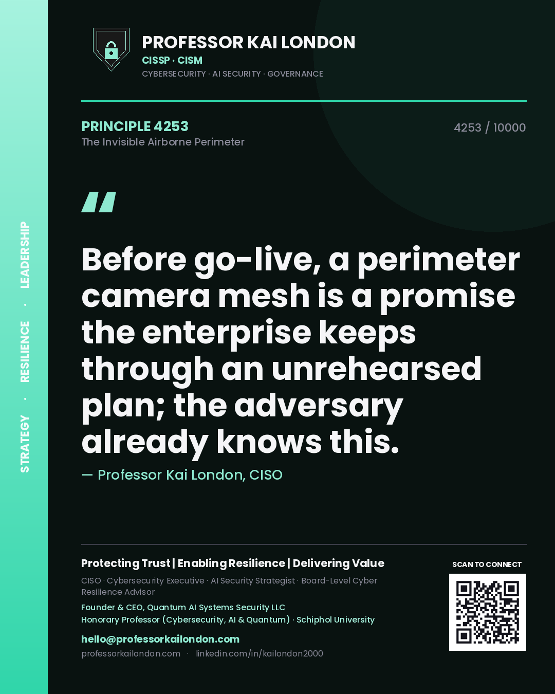Professor Kai London principle 4253: Before go-live, a perimeter camera mesh is a promise the enterprise keeps through an unrehearsed plan; the adversary already knows this.
