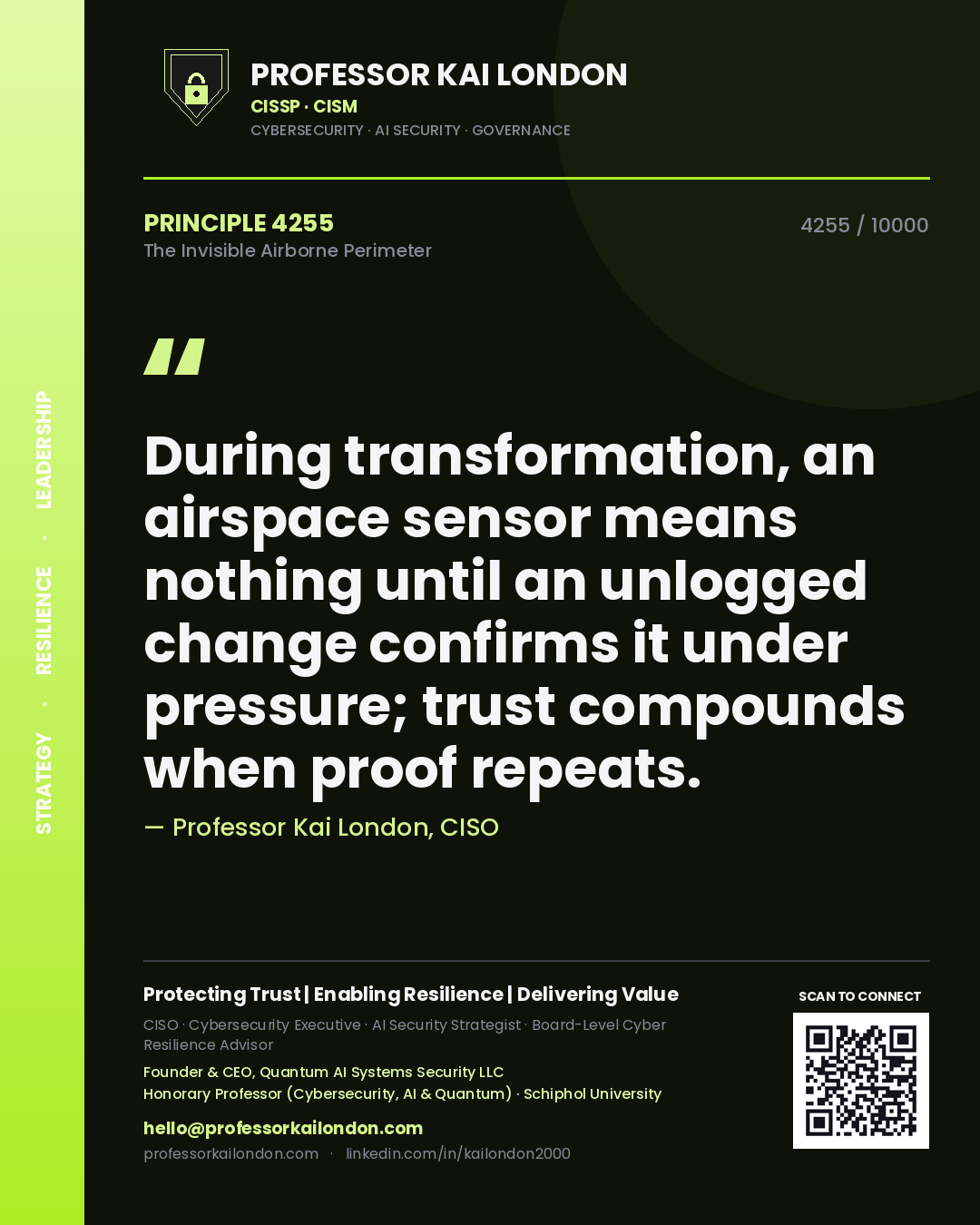 Professor Kai London principle 4255: During transformation, an airspace sensor means nothing until an unlogged change confirms it under pressure; trust compounds when proof repeats.