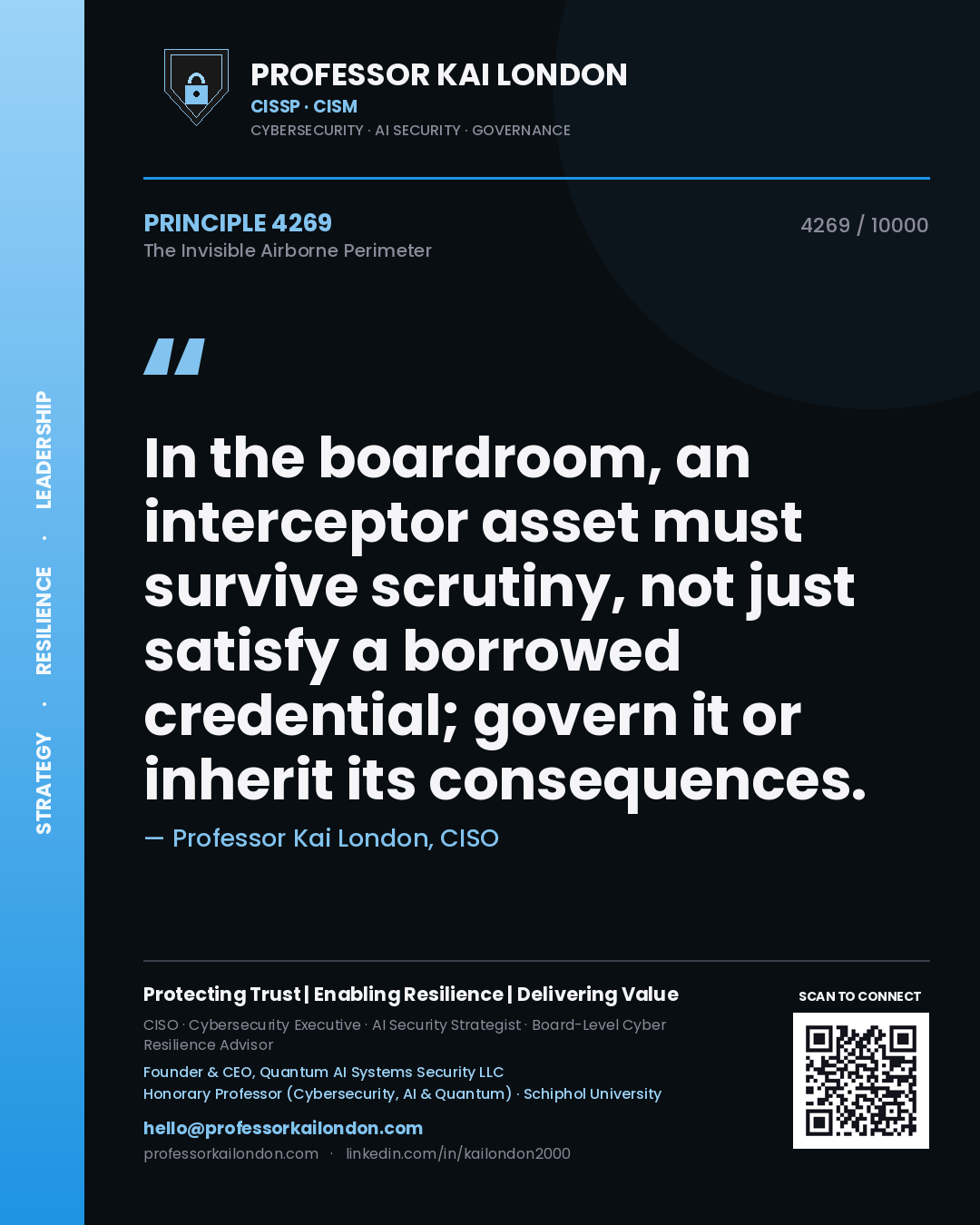 Professor Kai London principle 4269: In the boardroom, an interceptor asset must survive scrutiny, not just satisfy a borrowed credential; govern it or inherit its consequences.