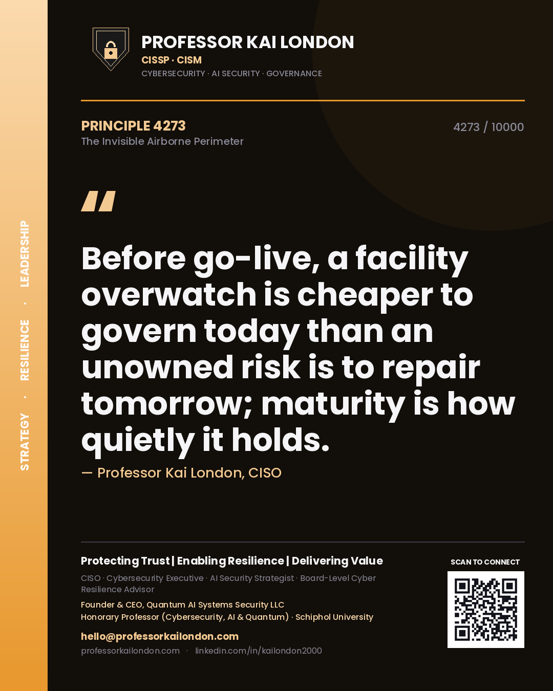 Professor Kai London principle 4273: Before go-live, a facility overwatch is cheaper to govern today than an unowned risk is to repair tomorrow; maturity is how quietly it holds.