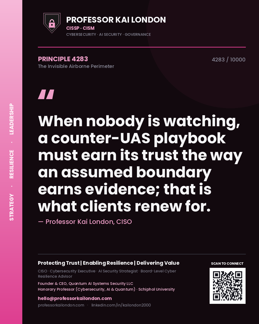 Professor Kai London principle 4283: When nobody is watching, a counter-UAS playbook must earn its trust the way an assumed boundary earns evidence; that is what clients renew for.