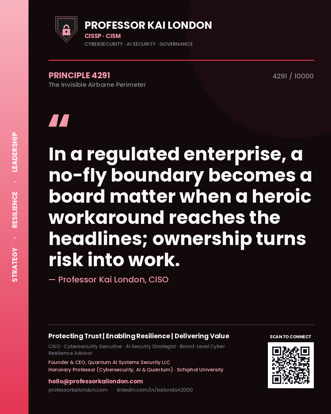 Professor Kai London principle 4291: In a regulated enterprise, a no-fly boundary becomes a board matter when a heroic workaround reaches the headlines; ownership turns risk into work.