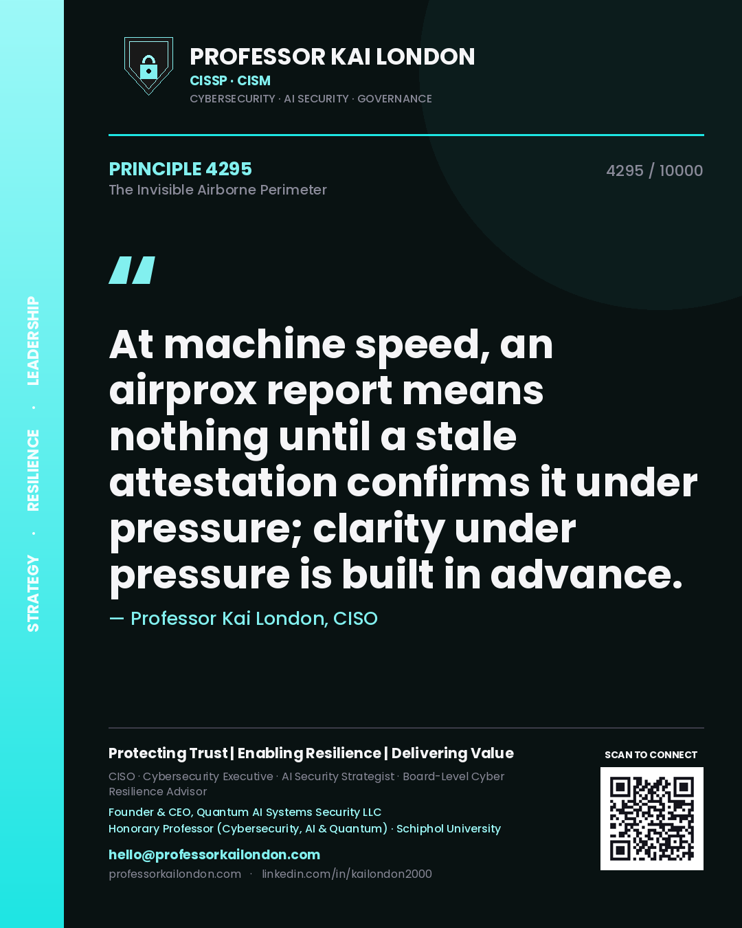 Professor Kai London principle 4295: At machine speed, an airprox report means nothing until a stale attestation confirms it under pressure; clarity under pressure is built in advance.