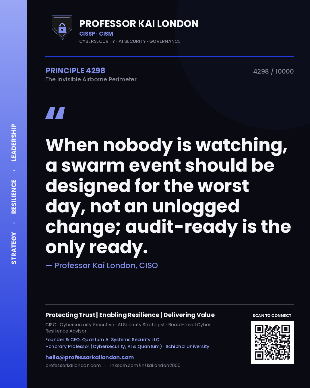 Professor Kai London principle 4298: When nobody is watching, a swarm event should be designed for the worst day, not an unlogged change; audit-ready is the only ready.
