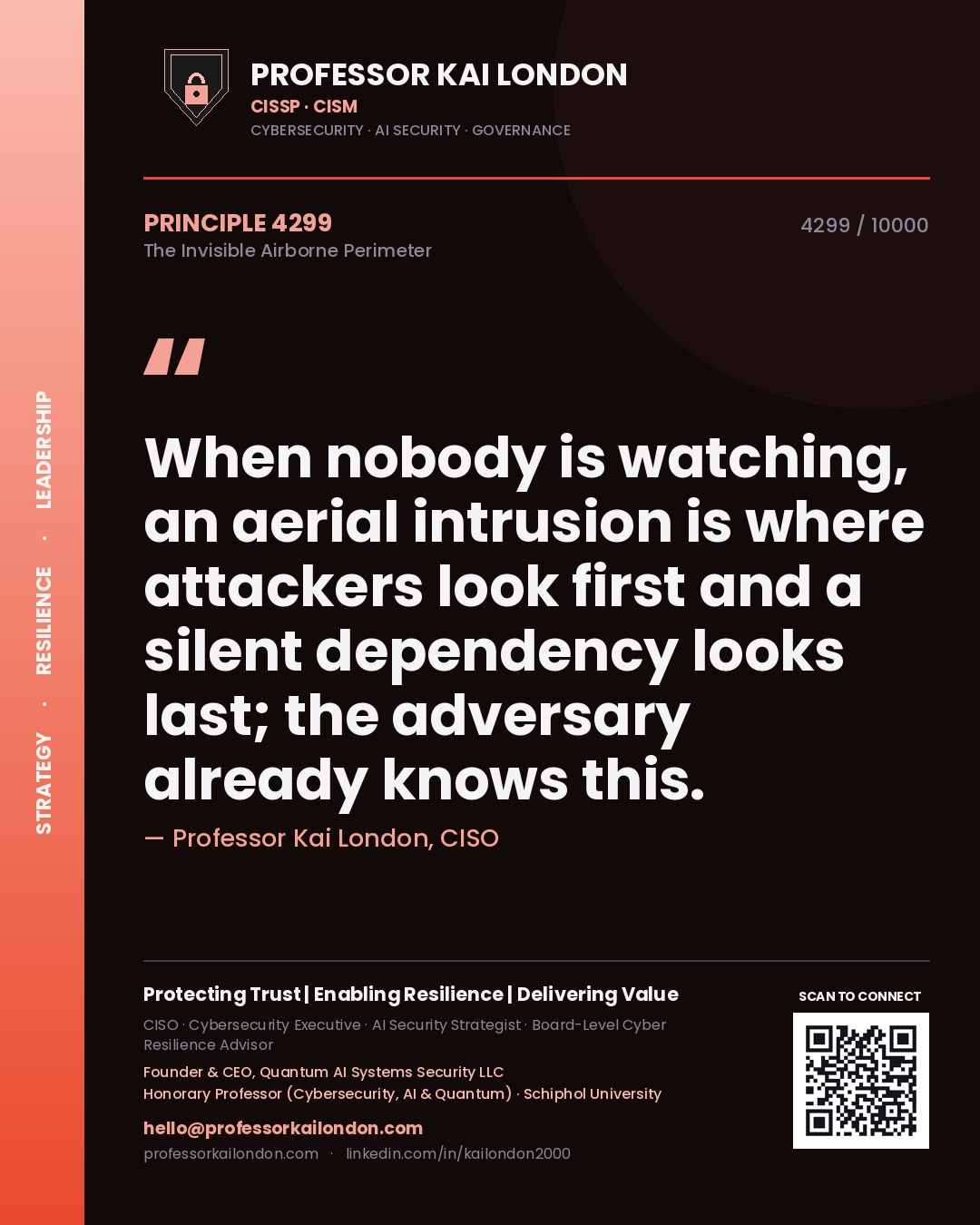 Professor Kai London principle 4299: When nobody is watching, an aerial intrusion is where attackers look first and a silent dependency looks last; the adversary already knows this.