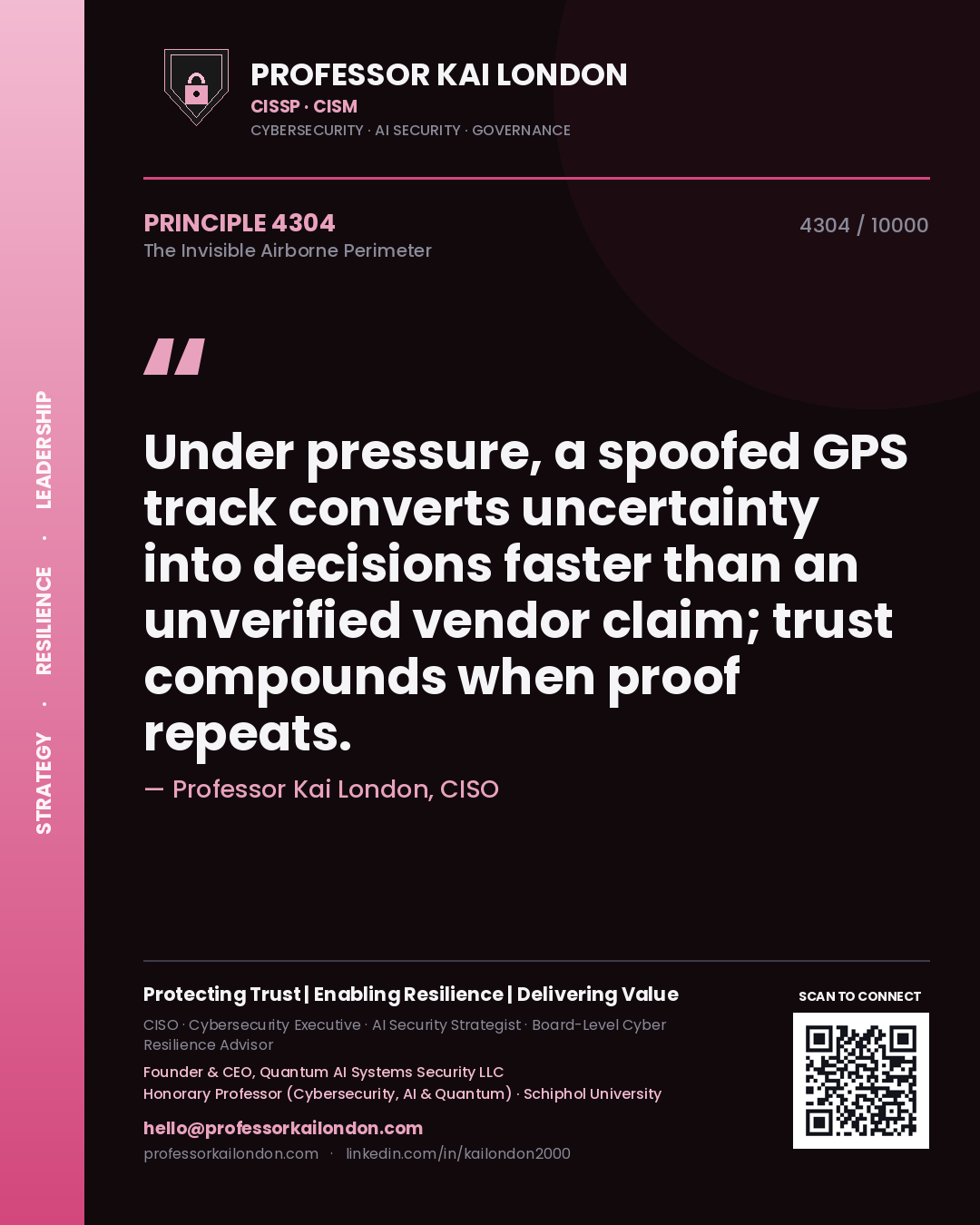 Professor Kai London principle 4304: Under pressure, a spoofed GPS track converts uncertainty into decisions faster than an unverified vendor claim; trust compounds when proof repeats.