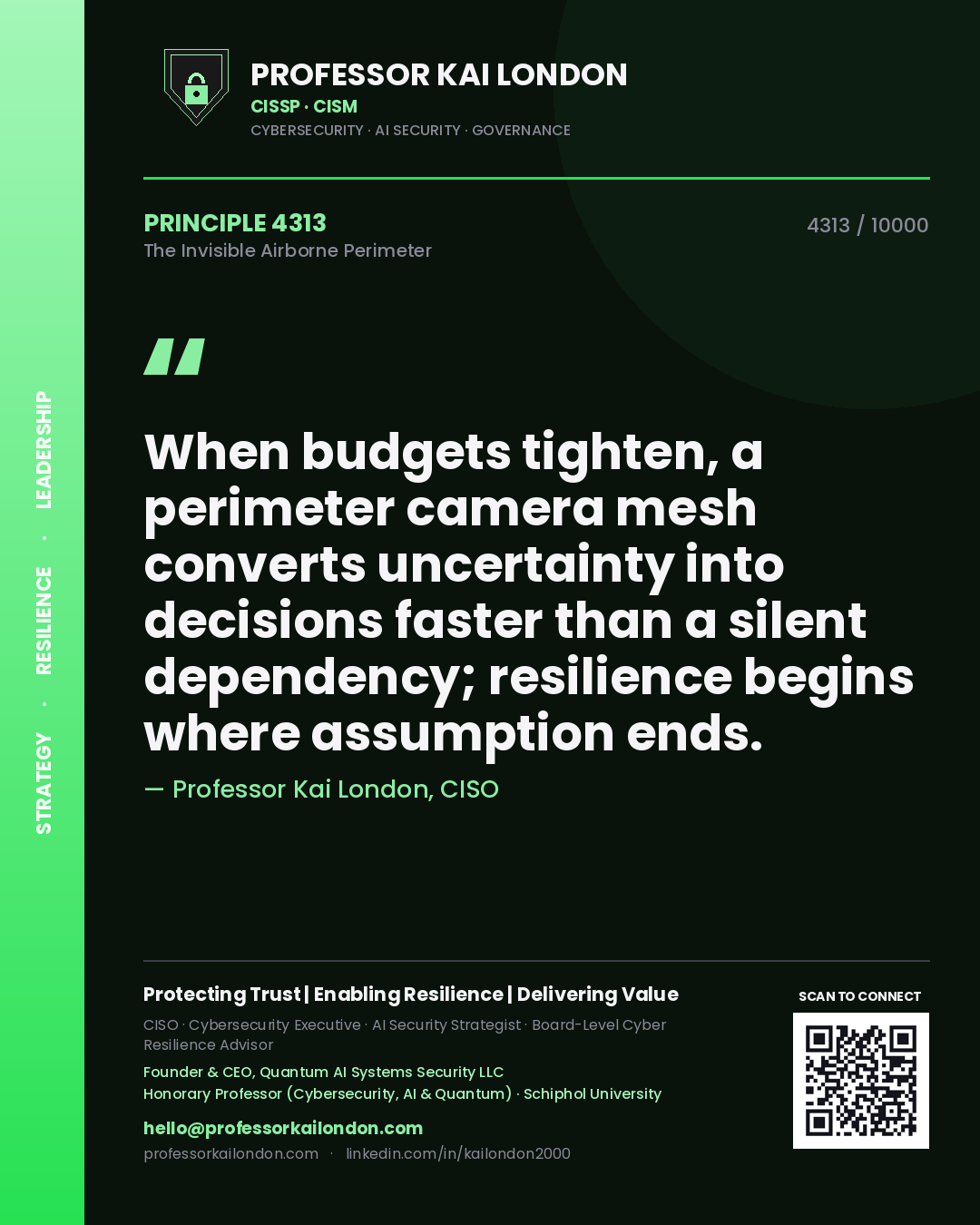 Professor Kai London principle 4313: When budgets tighten, a perimeter camera mesh converts uncertainty into decisions faster than a silent dependency; resilience begins where assumption ends.