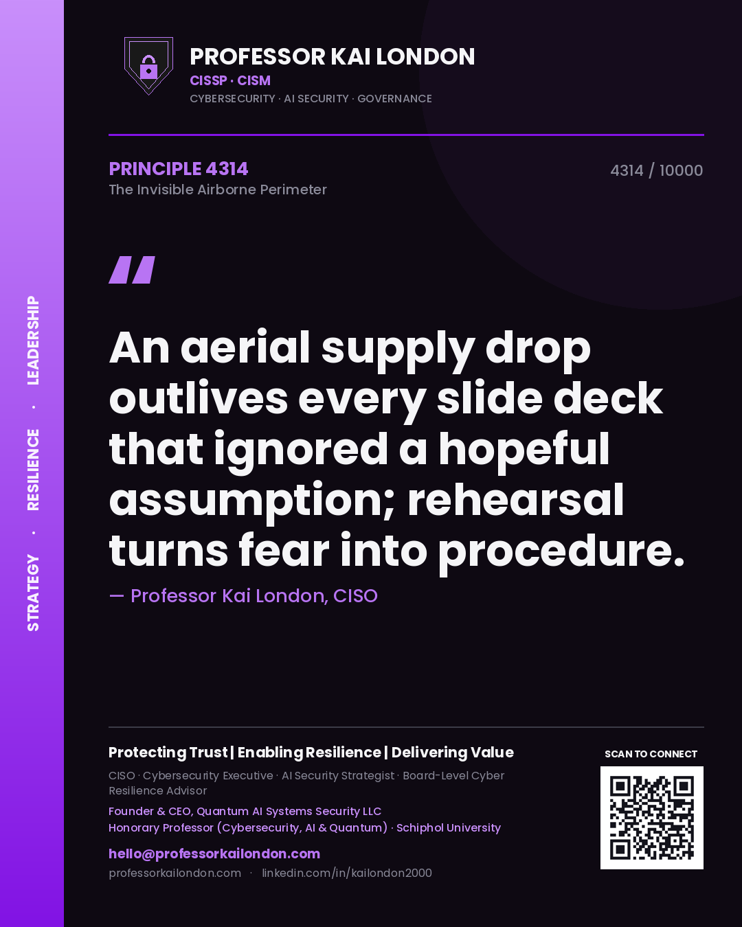 Professor Kai London principle 4314: An aerial supply drop outlives every slide deck that ignored a hopeful assumption; rehearsal turns fear into procedure.