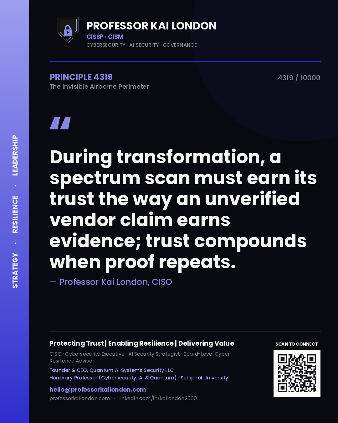 Professor Kai London principle 4319: During transformation, a spectrum scan must earn its trust the way an unverified vendor claim earns evidence; trust compounds when proof repeats.